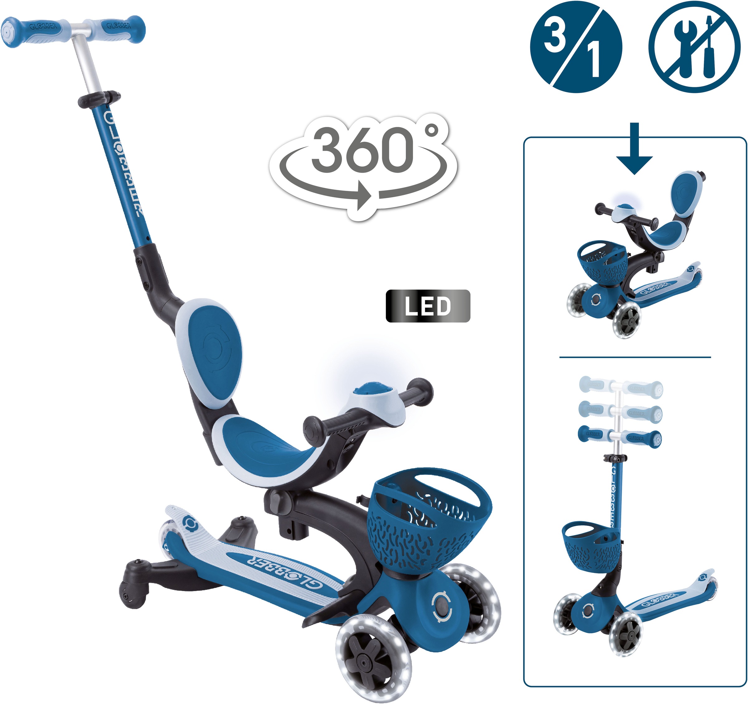 Globber Tretroller »GO-UP BABY 360 LIGHTS, mit Leuchtrollen und Leuchtmodul« Aufsitzrad, Laufrad und Scooter in Einem
