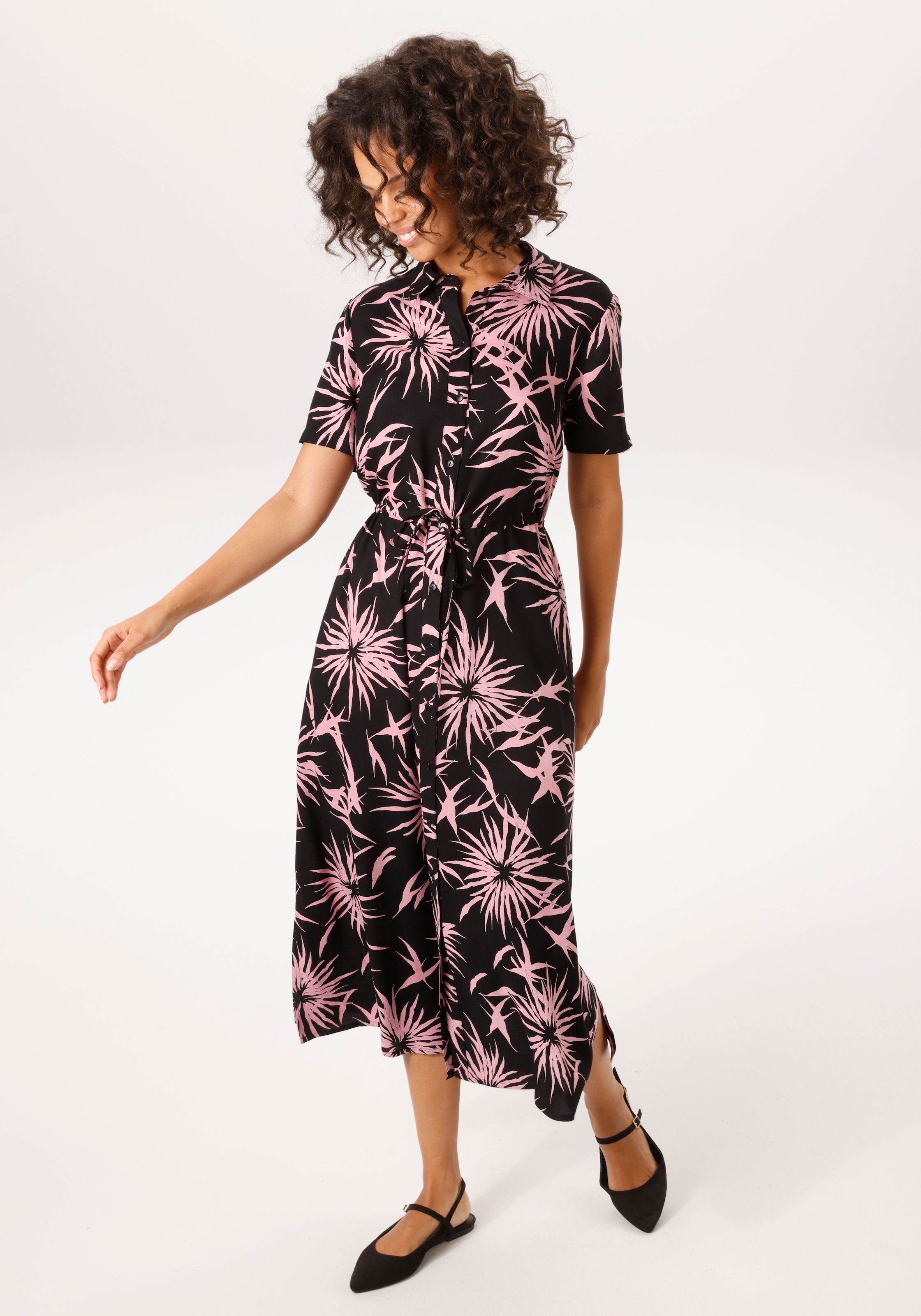 Aniston CASUAL Sommerkleid Eingrifftaschen mit grafischen Blumendruck - jedes Teil ein Unikat - NEUE KOLLEKTION