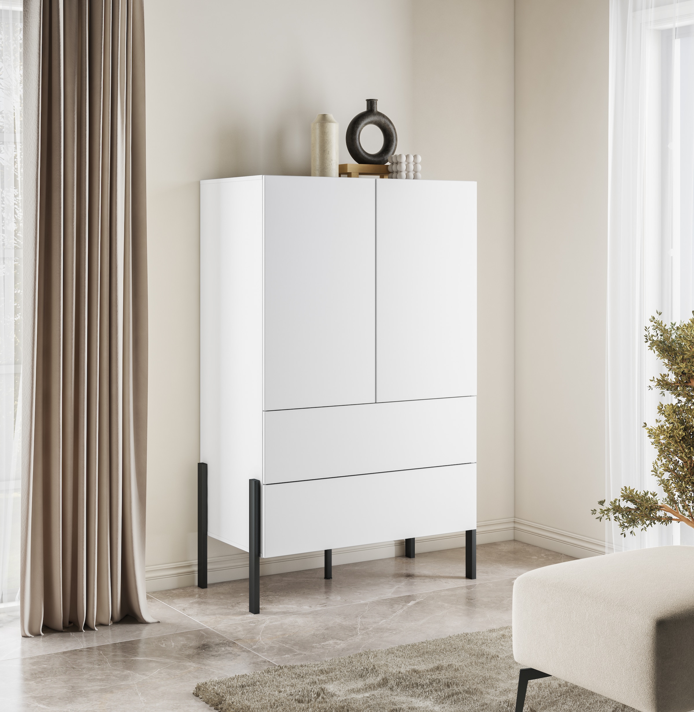 INOSIGN Wäscheschrank »Jukon, moderner griffloser Kleiderschrank, Metallfüsse, Made in Europe«, (90x150x50, ideal für kleine Räume oder Nischen), Mehrzweckschrank,2 Schubladen, 2 Türen, FSC-zertifiziert