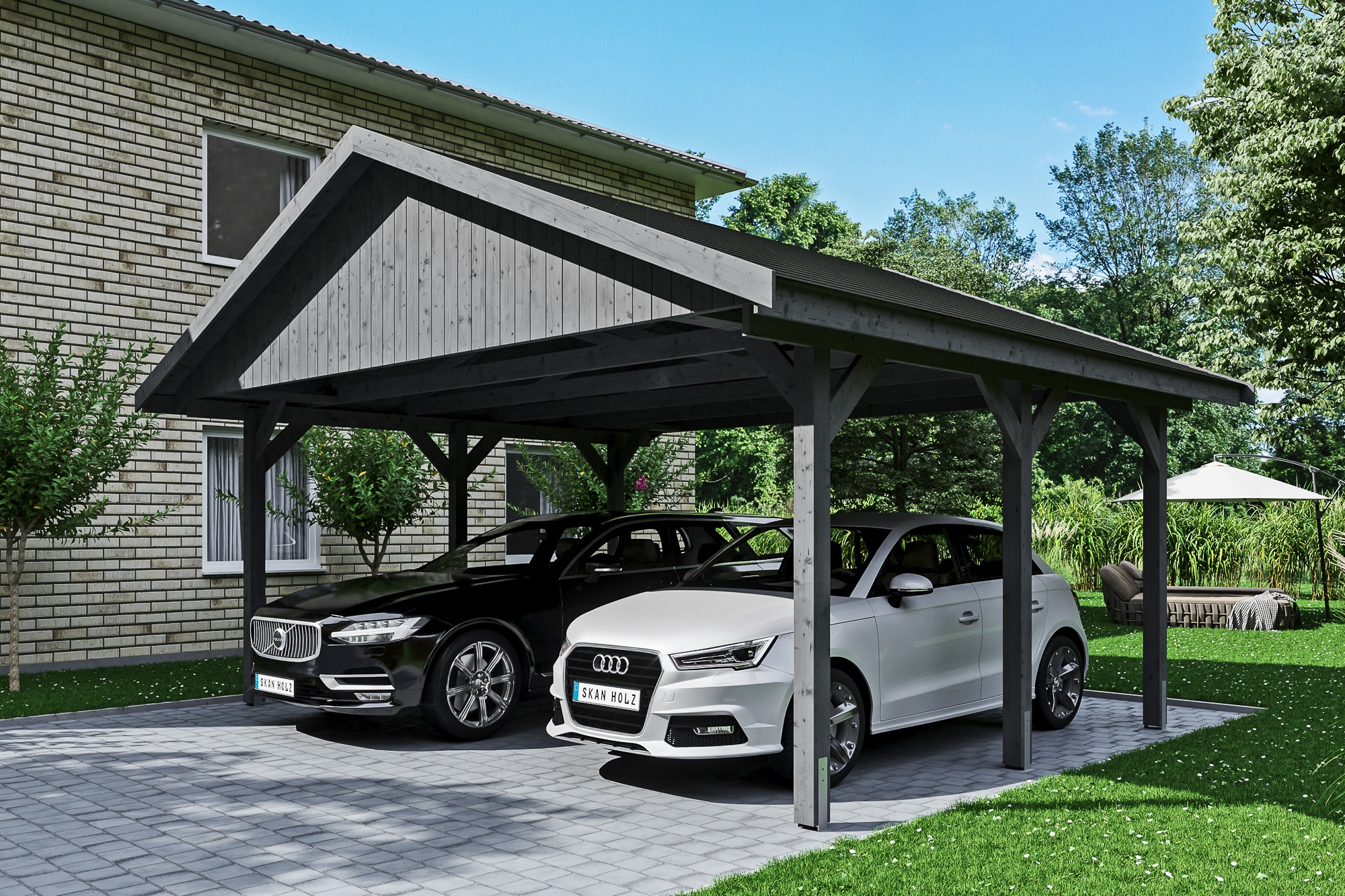 Skanholz Doppelcarport »Wallgau«, Nadelholz, 530 cm, Schiefergrau, mit schwarzen Dachschindeln