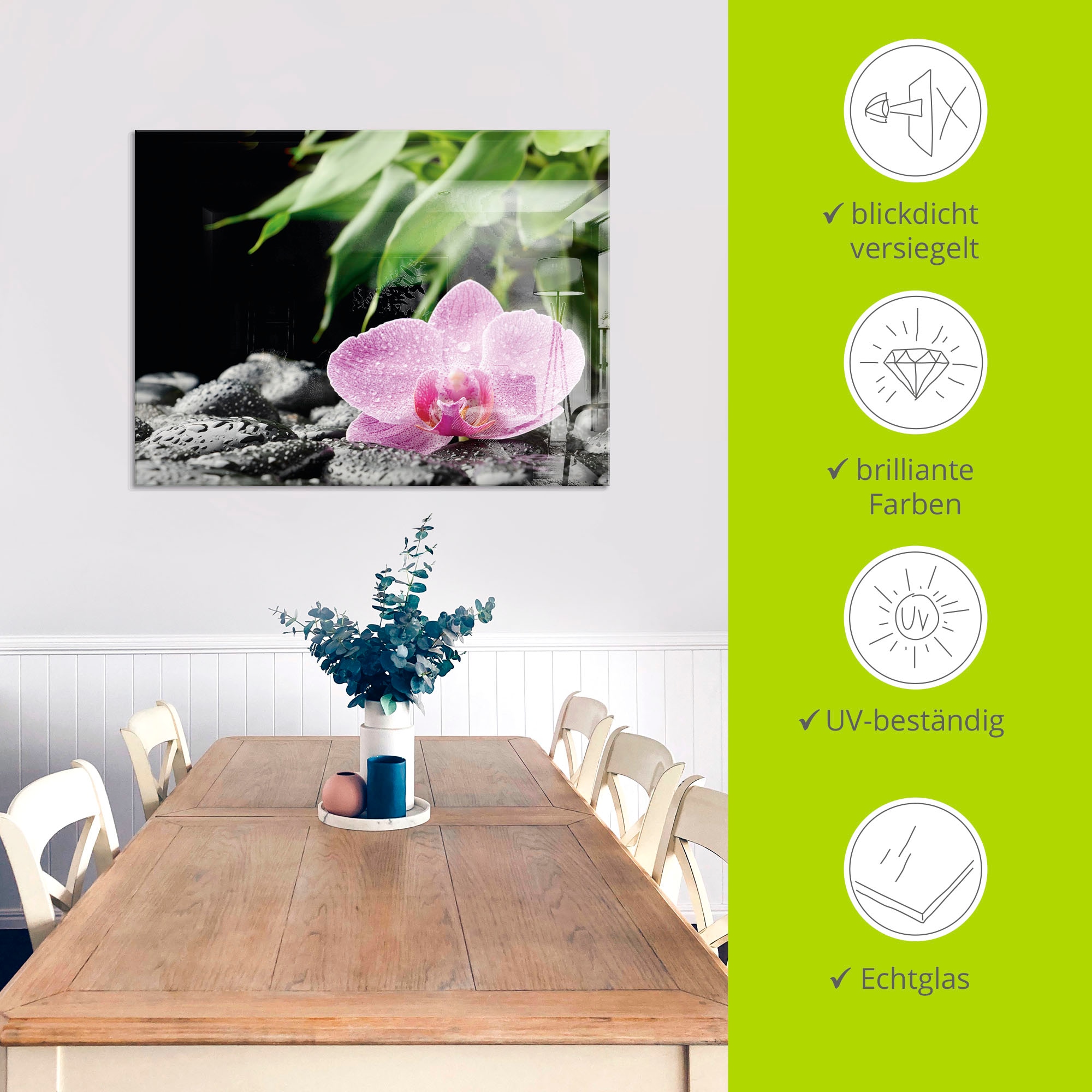 Artland Glasbild »Rosa Orchidee auf schwarzen Zen Steinen« Blumen 1 Stk. tlg. in verschiedenen Größen