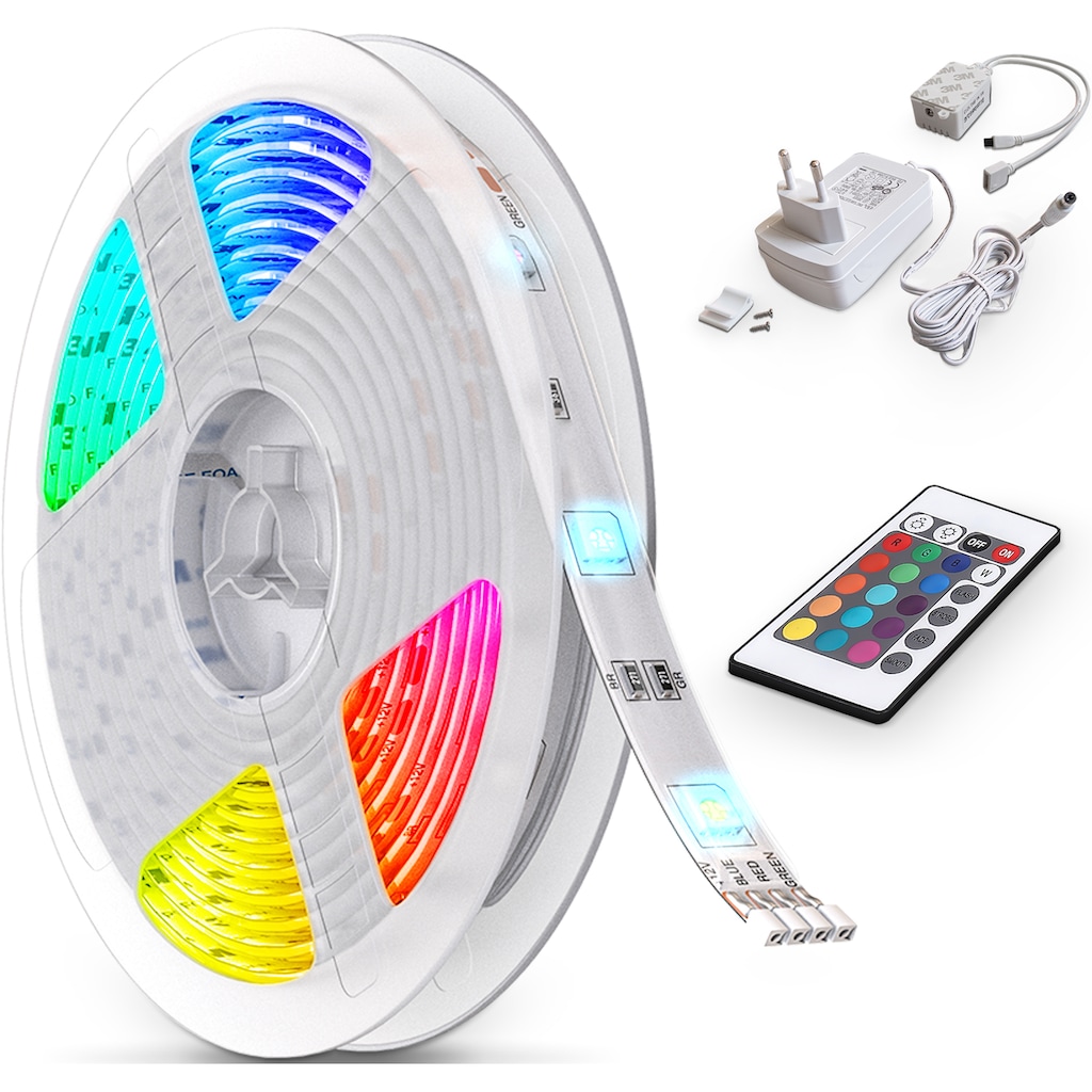B.K.Licht LED Stripe, RGB-LED Flexband 5 Meter, inkl. 150 x RGB-LED 0,16 Watt, Gesamt 24 Watt, inkl. IR Fernbedienung und Farbwechsler. Für den Innenbereich. 