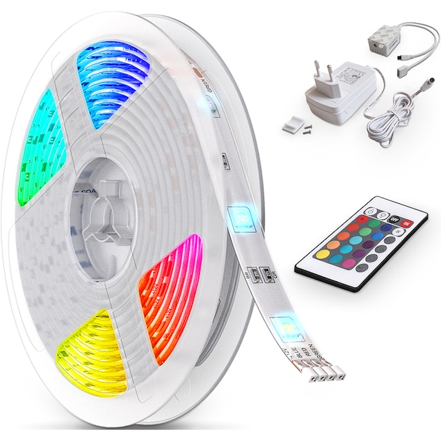 B.K.Licht LED Stripe, RGB-LED Flexband 5 Meter, inkl. 150 x RGB-LED 0,16  Watt, Gesamt 24 Watt, inkl. IR Fernbedienung und Farbwechsler. Für den  Innenbereich. auf Raten bestellen