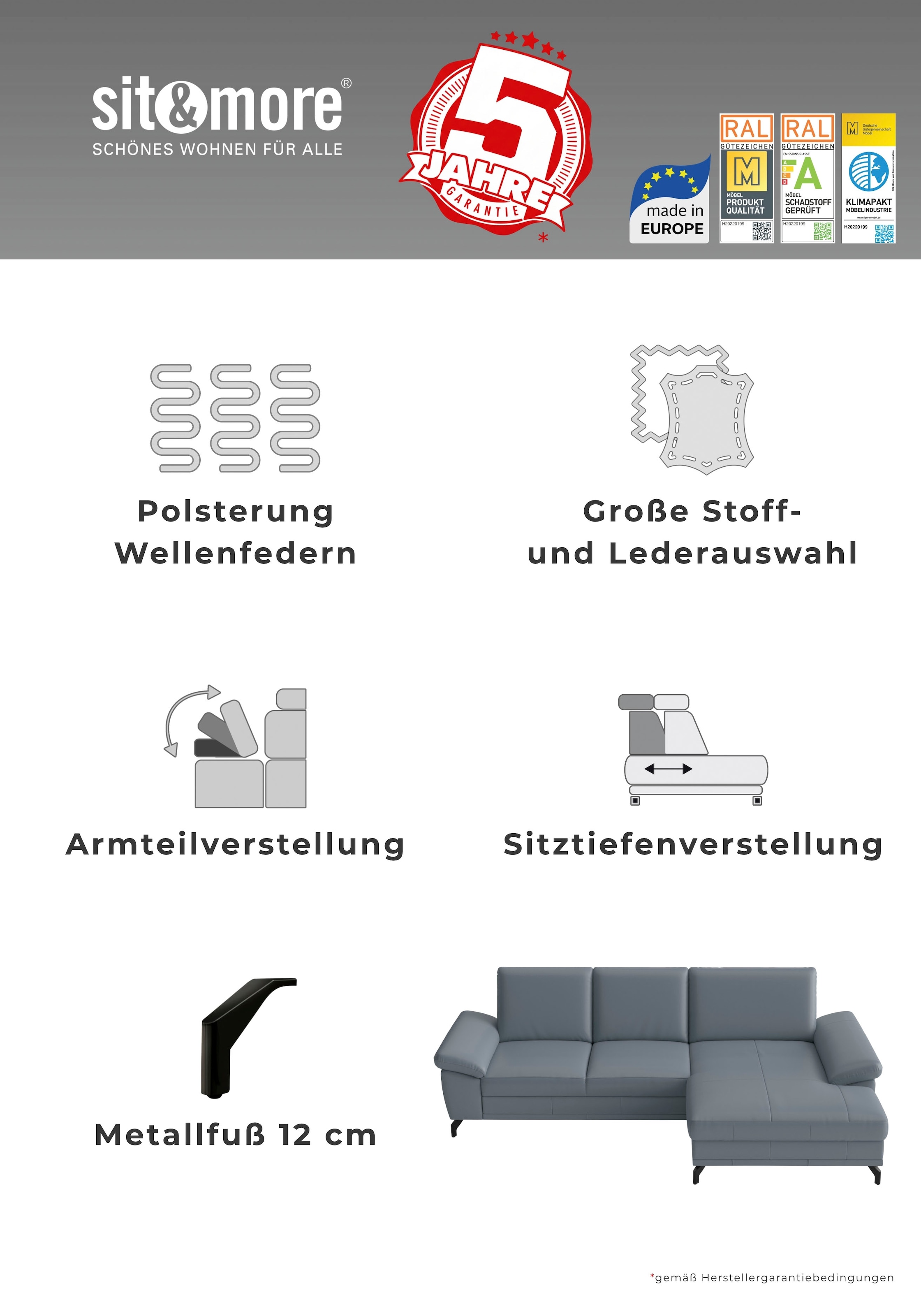 sit&more Ecksofa »Chelsea L-Form, B: 249 cm, Armteil- & Sitztiefenverstellung, Leder« Couch optional mit Schlaffunktion und Bettkasten, Sitzhöhe 45 cm