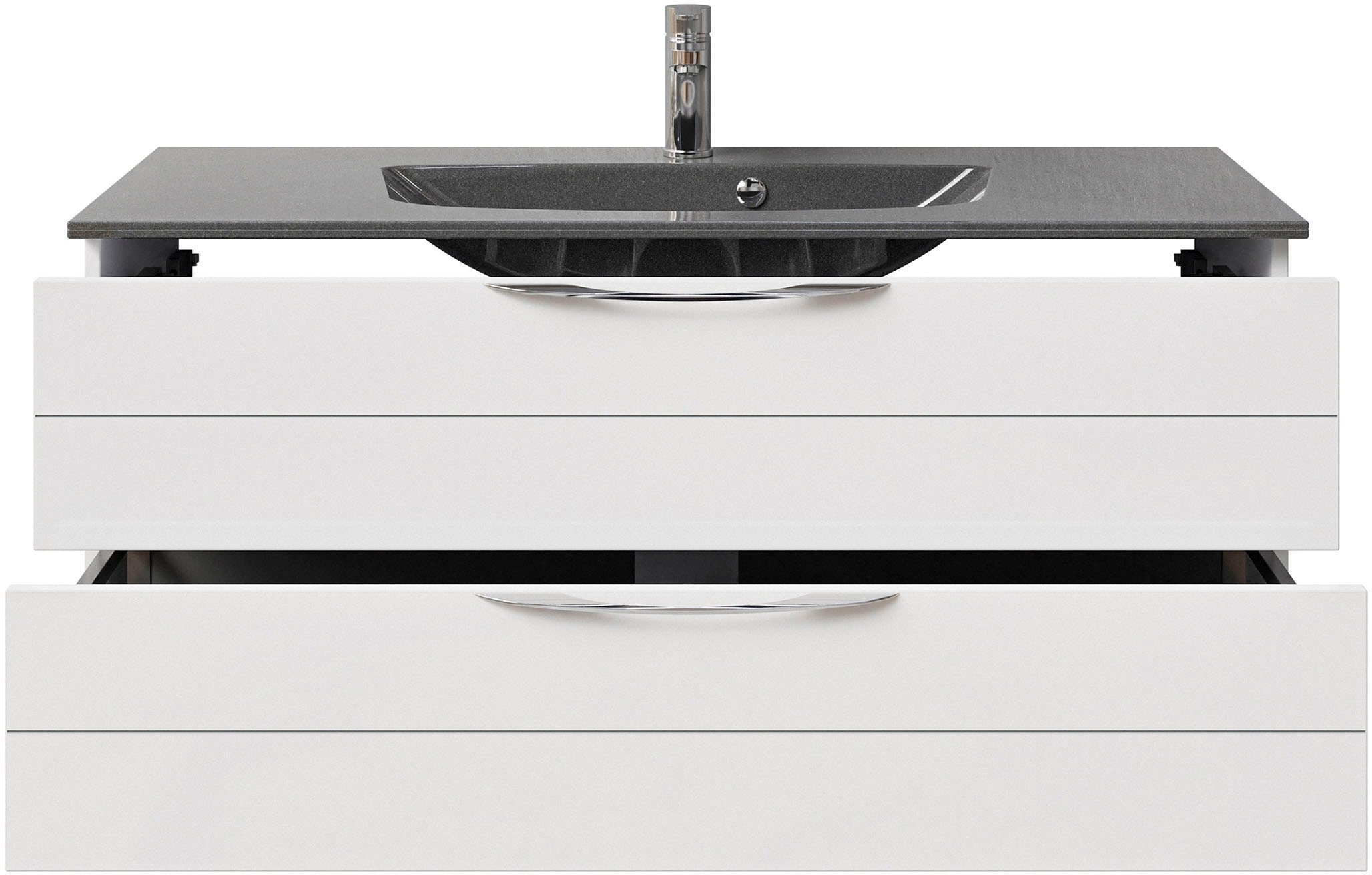 Saphir Badmöbel-Set »Serie 6025 2-teilig Mineralmarmor-Waschtisch mit LED-Spiegelschrank«, (2 St.), Waschplatz 117cm breit, 2 Schubladen, 3 Spiegel-Türen, inkl Türdämpfer