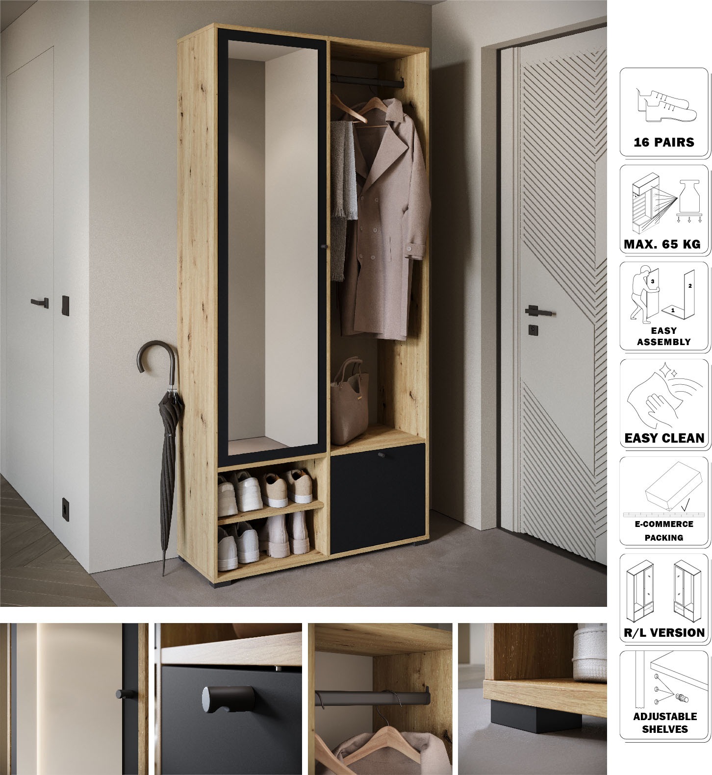 INOSIGN Garderobenschrank »DINO Kompaktgarderobe, Garderoben-Set DINO«, Mit Spiegel und Kleiderstange, 90 cm breit, Türanschlag wechselbar