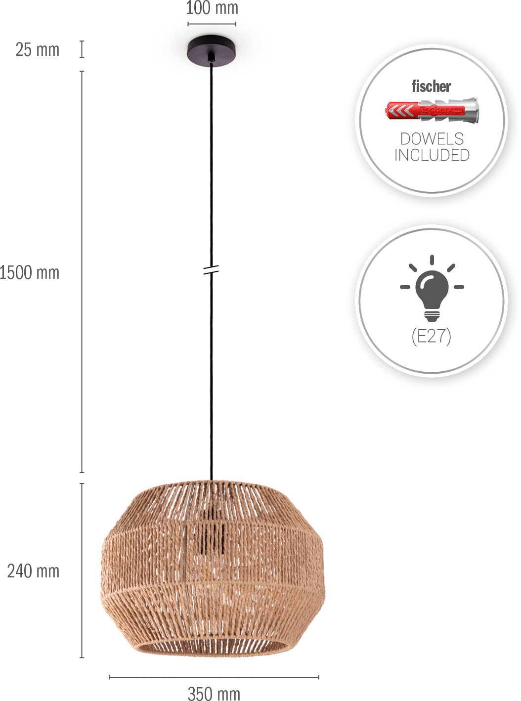 Paco Home Pendelleuchte »Hugo Yago«, Leuchtmittel E27 | ohne Leuchtmittel, Wohnzimmer Esszimmer Rattan Optik Boho Lampenschirm Papier Modern