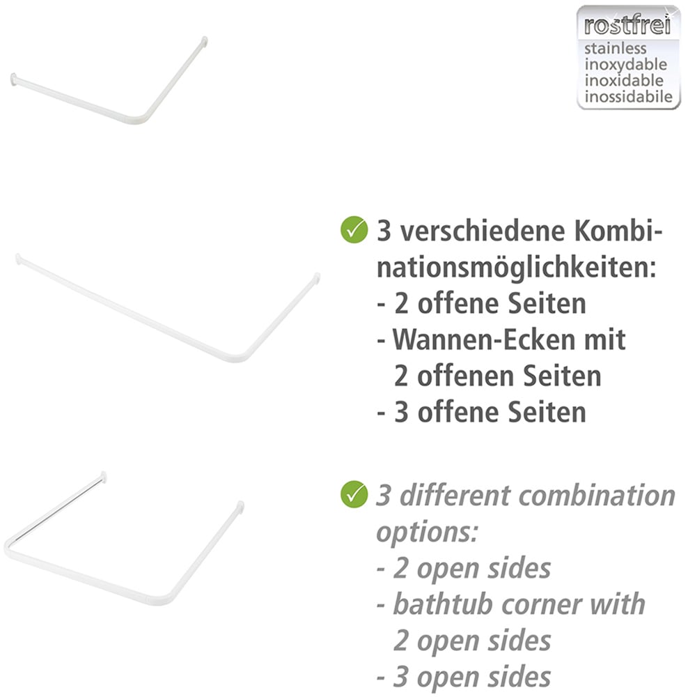 WENKO Winkelstange »Modell Era«, Winkelschiene aus Aluminium für Duschvorhänge, inkl. 16 Spezialgleiter