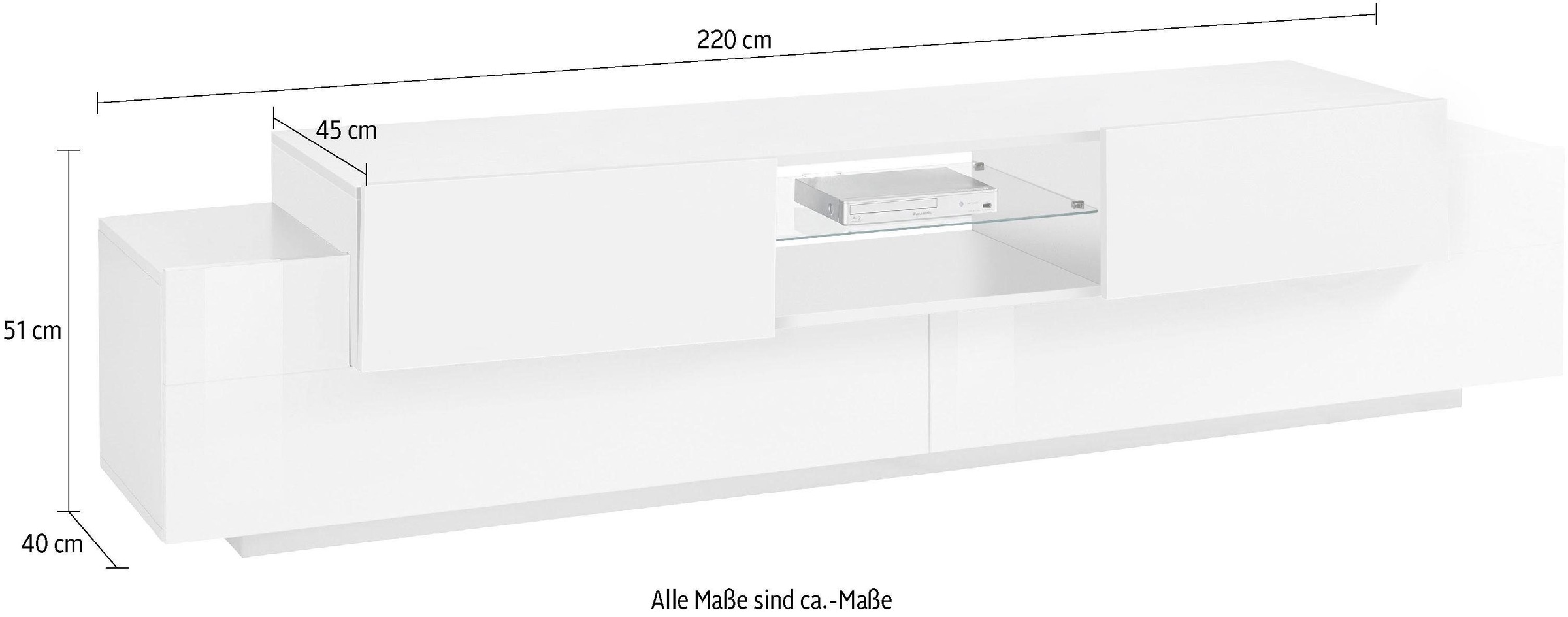 INOSIGN Lowboard »Coro,Lowboard,TV-Kommode,TV-Möbel,TV-Bank«, mit 2 Klappen, 2 Türen, 1 Glasboden, Breite 220
