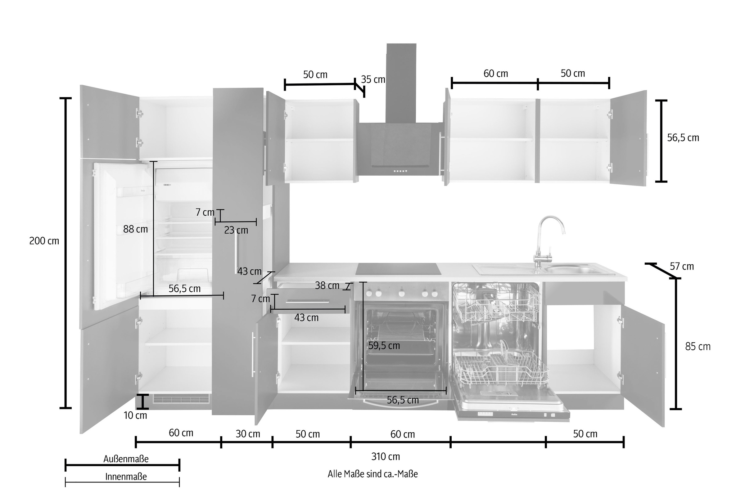 wiho Küchen Küchenzeile »Cali«, 310 E-Geräten, cm auf kaufen Rechnung mit Breite