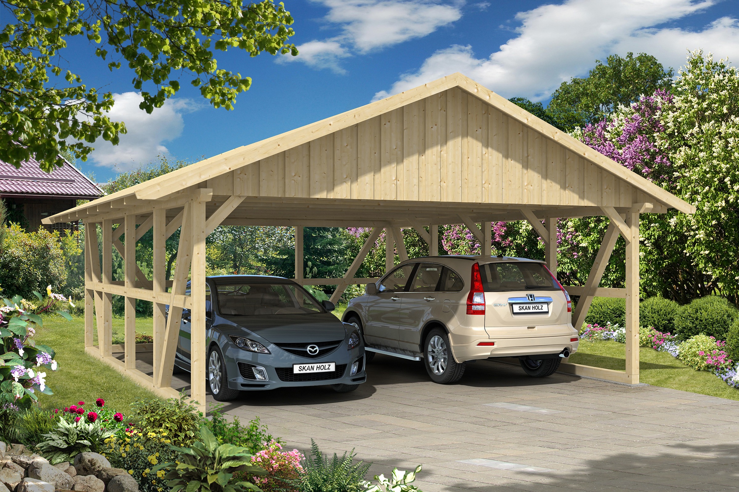 Skanholz Doppelcarport »Schwarzwald«, KVH-Fichte, 560 cm, Natur, mit Rückwand, mit Dachschalung