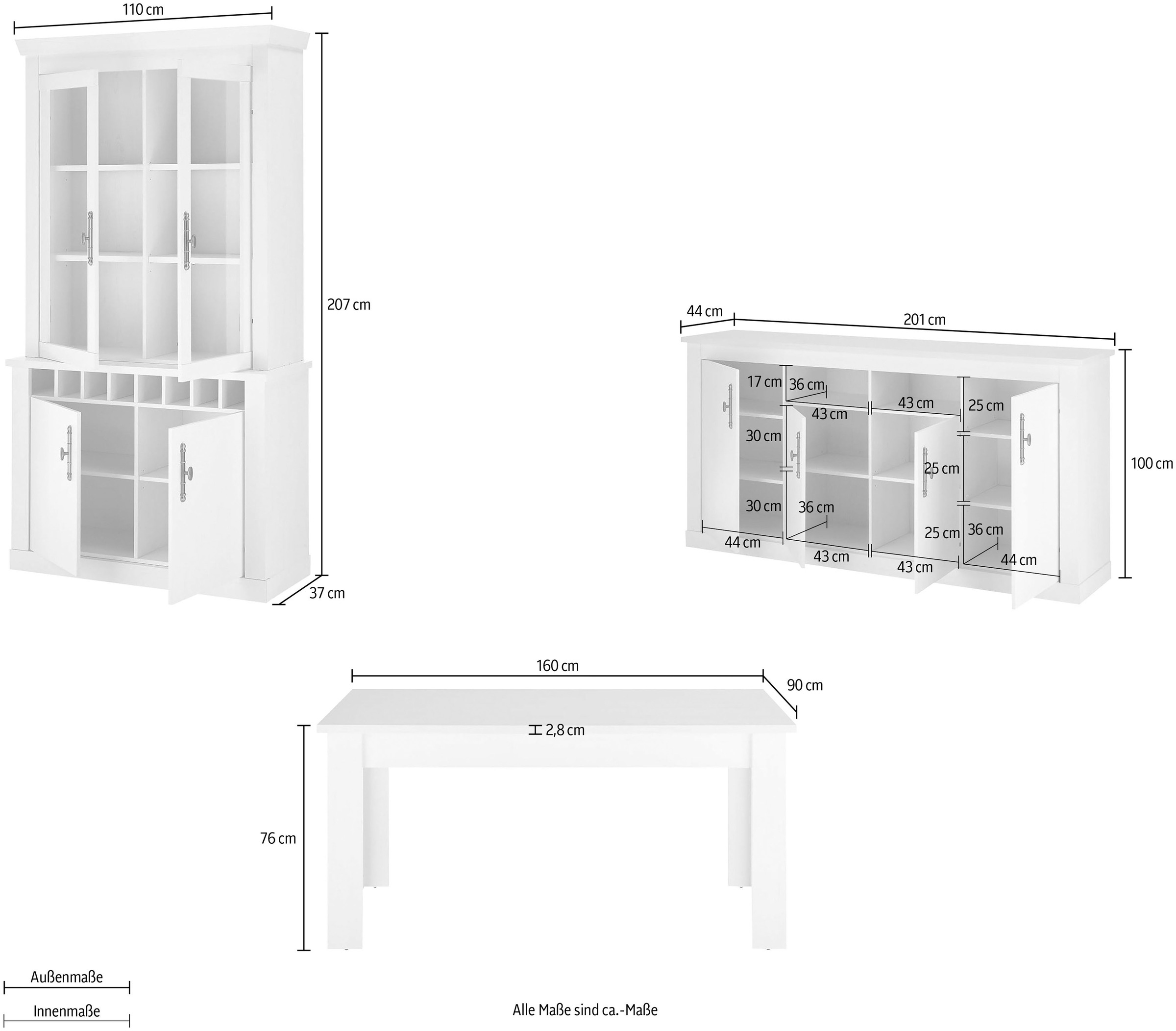 Home affaire Wohnwand »RAVENNA«, (3 St.), im romantischen Landhausstil, Griffe aus Metall, Softclose-Funktion