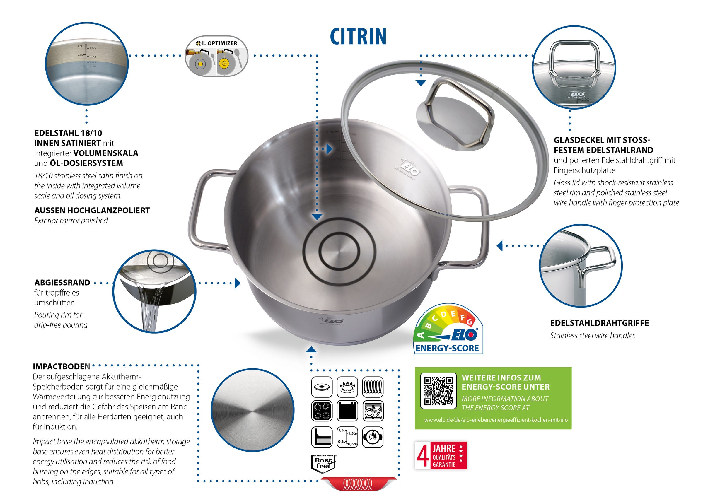 Elo Topf-Set »Citrin«, Edelstahl, (Set, 7 tlg., je 1 Fleischtopf Ø 16/20/24 cm, 1x Stielkasserolle Ø 16 cm), Induktion