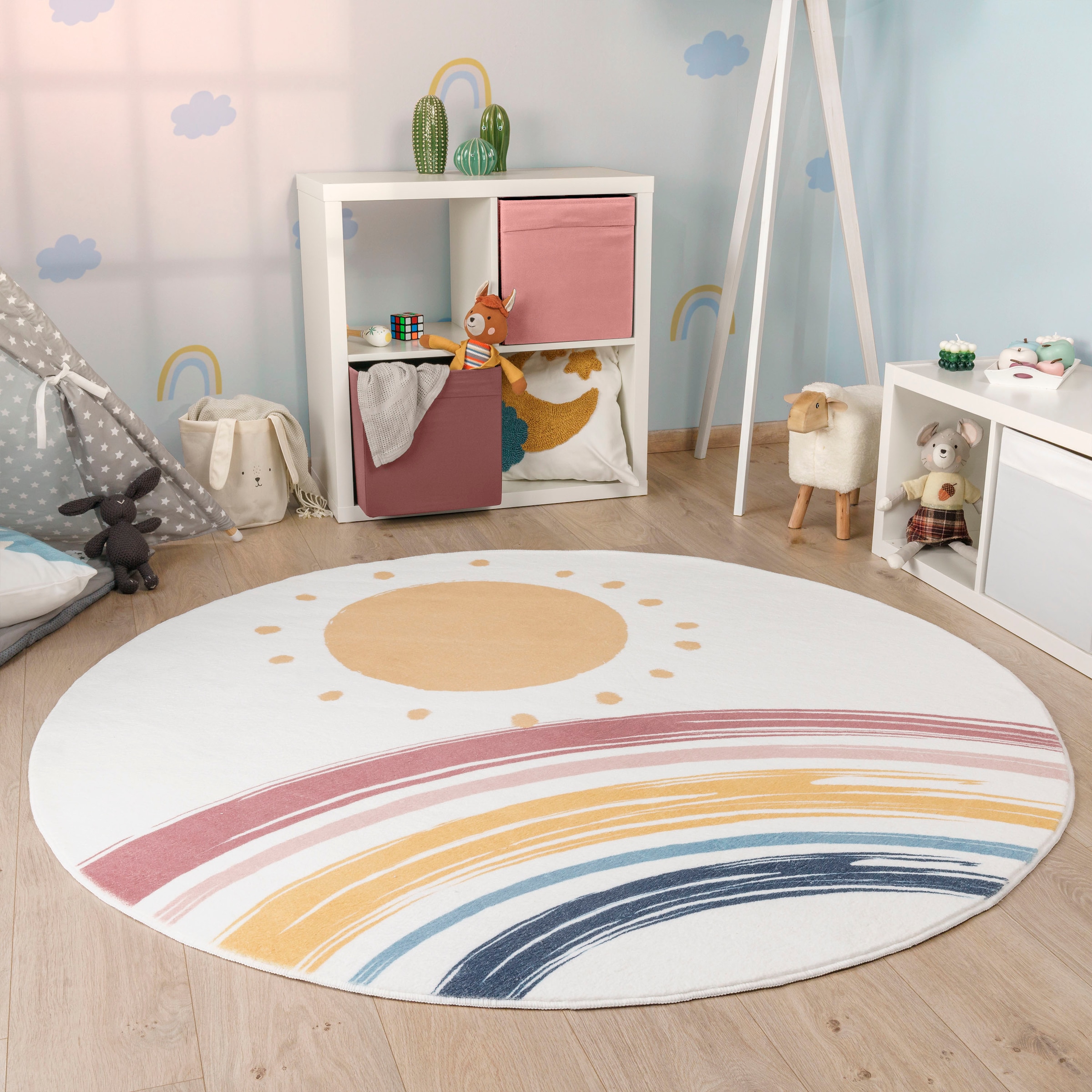 Paco Home Kinderteppich »Niloya 362«, rund, 12 mm Höhe, Spielteppich, Kurzflor, bedruckt, Motiv Sonne & Regenbogen, waschbar