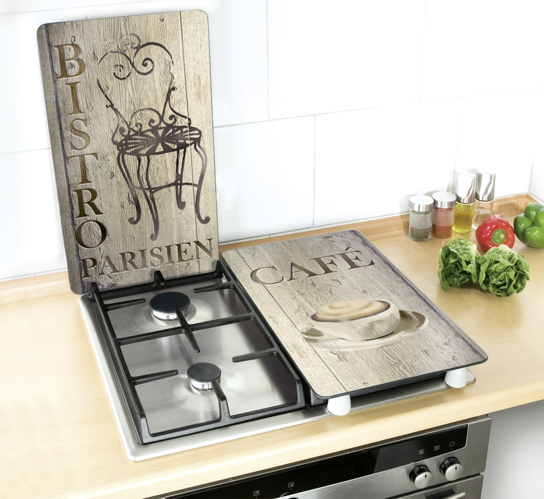 WENKO Herd-Abdeckplatte »Universal Modell Bistro«, (Set, 2 tlg.), Herdabdeckung für alle Herdarten, kratzfest, mit rutschfesten Füßen