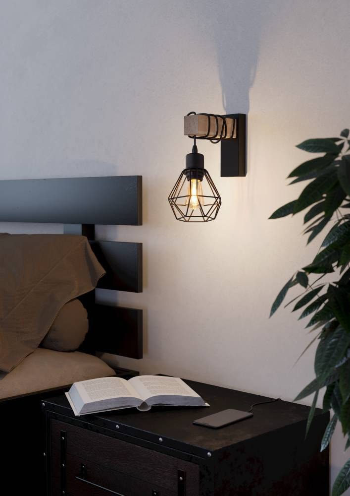 EGLO Wandleuchte »TOWNSHEND 5 Wandlampe, Stahl und Holz, E27, IP20, Wohnzimmerlampe«, 1 flammig, Leuchtmittel E27 | ohne Leuchtmittel, Wand-/Deckenleuchte, Wohnzimmer, L14 x H27,5 cm, schwarz, braun