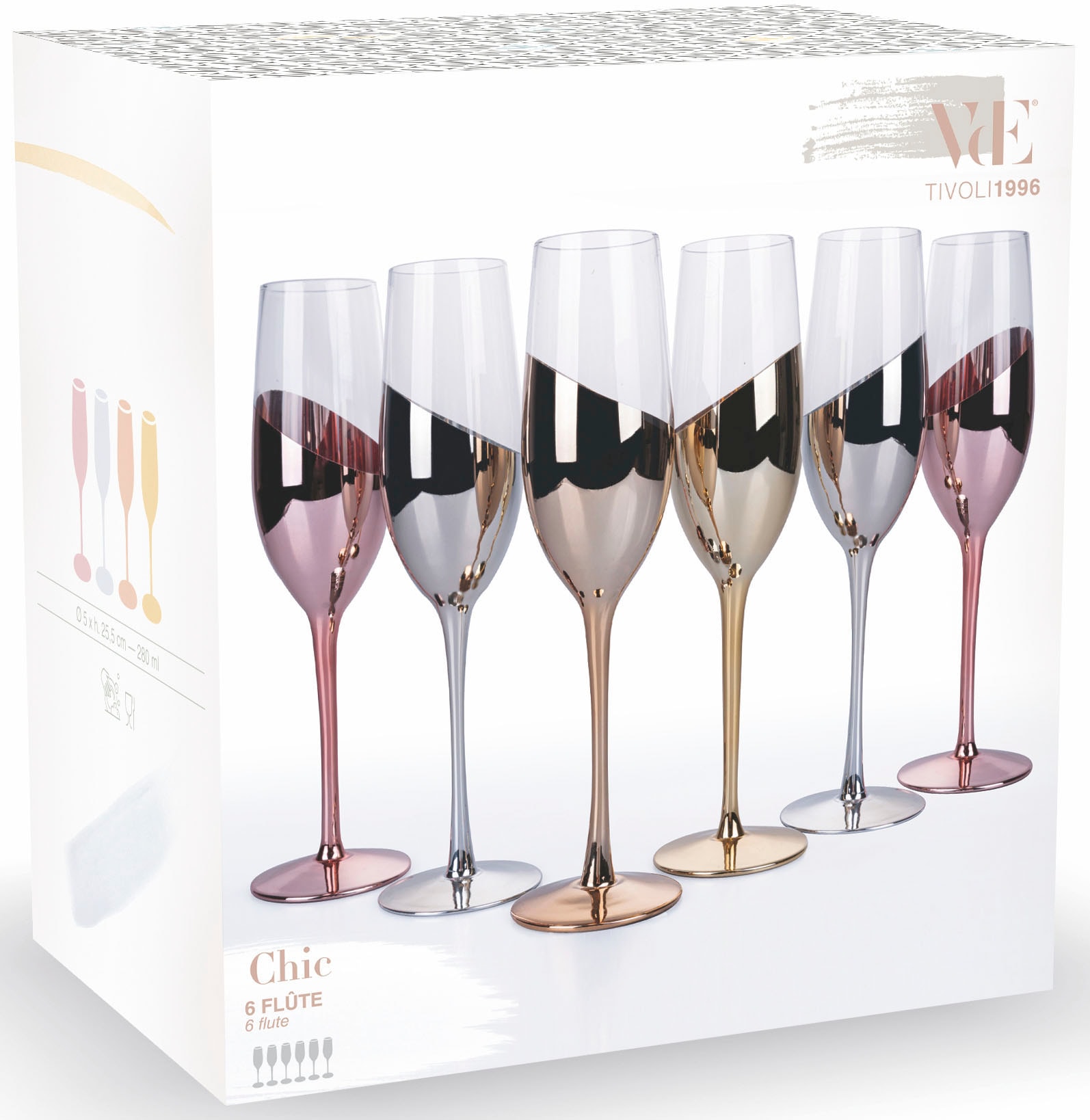 Villa d'Este Sektglas »Chic silber«, (Set, 6 tlg.), Gläser-Set, Sektflöten, 6-teilig