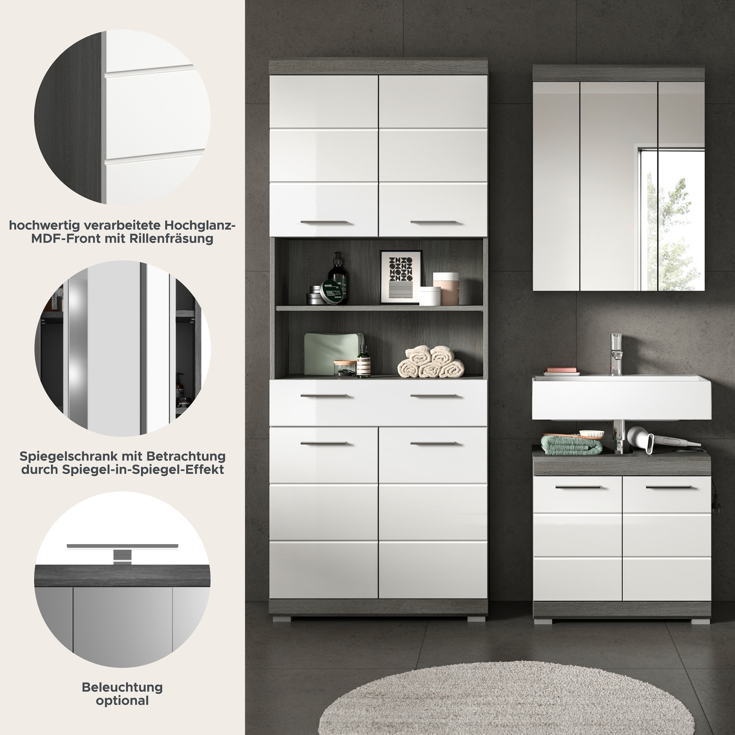 INOSIGN Badmöbel-Set »SIENA, TOPSELLER!, Breite 149cm, 3-teiliges Set« Set, bestehend aus: Hochschrank, Waschbeckenunterschrank & Spiegelschrank, 3 Stk. tlg.