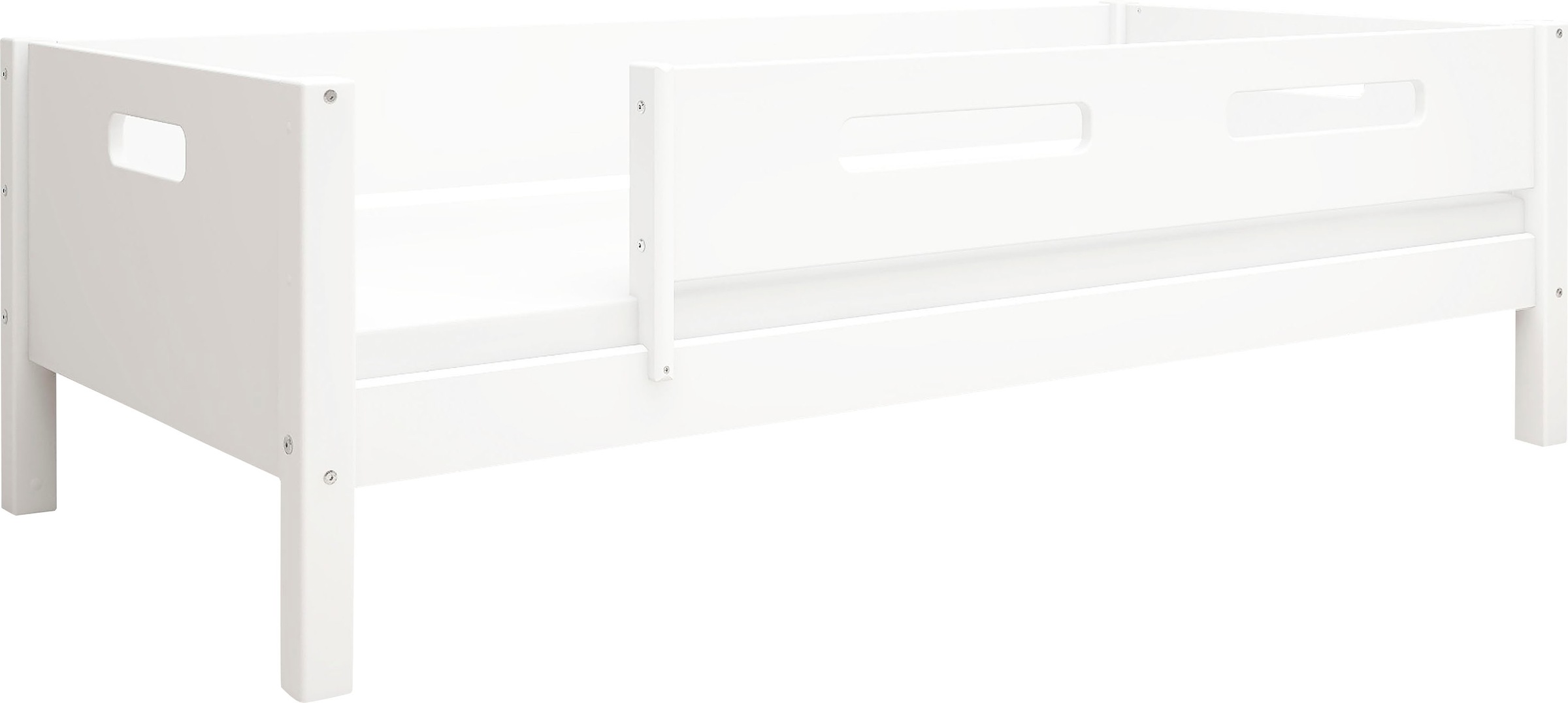 Einzelbett, Nordic produziert bei Flexa, incl Rollrost, weiß + weiß + weiß Hintere Absturzsicherung in MDF-Breite Absturzsicherung vorne in MDF