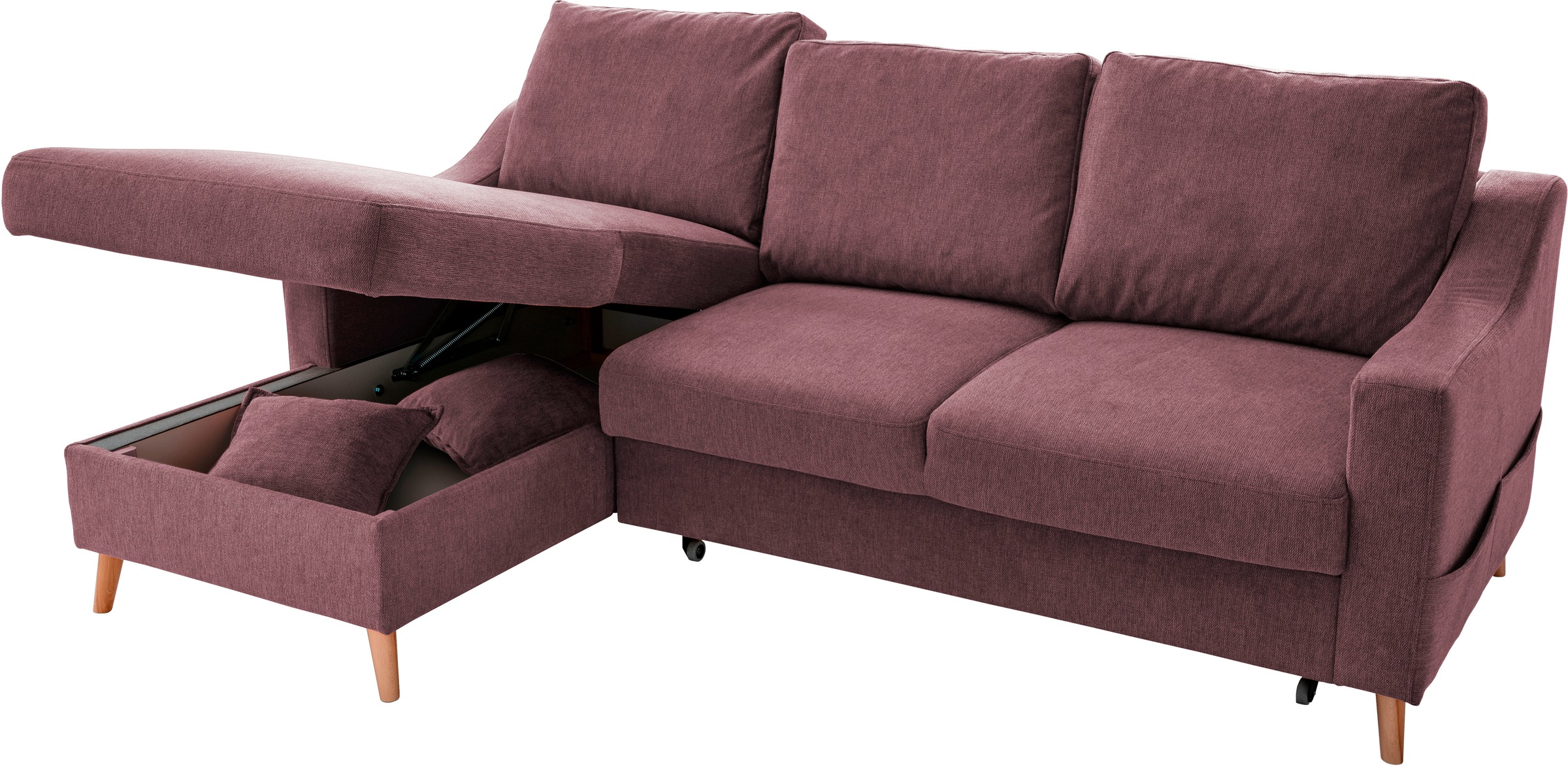 INOSIGN Ecksofa »Valentina L-Form«, 2 Zierkissen, mit Seitentasche, ausziehbarer Liegefläche, Bettkasten