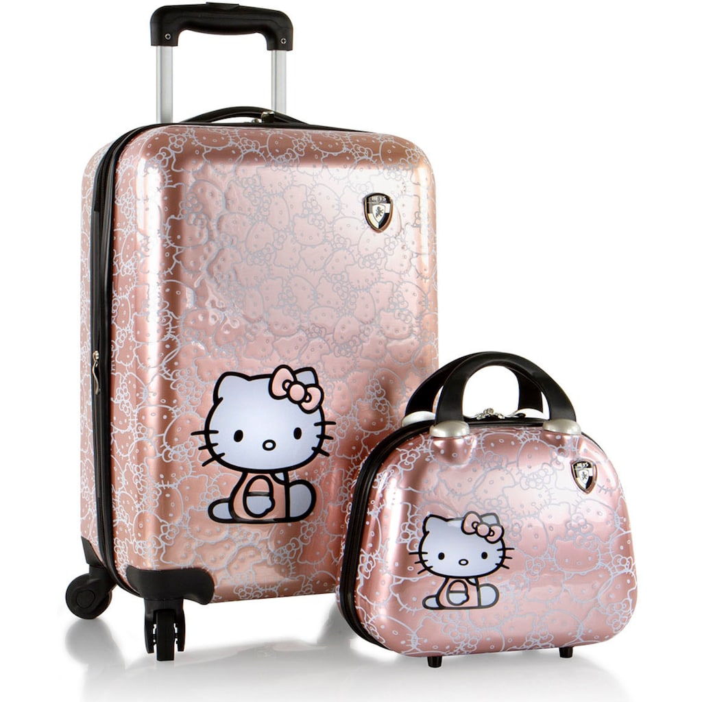 Heys Kinderkoffer »Kinderreiseset Hello Kitty roségold«, (Set, Kinderkoffer und Kosmetikkoffer), 4 Rollen, Kindertrolley Handgepäck-Kofferset mit Trolley-Aufsteck-System