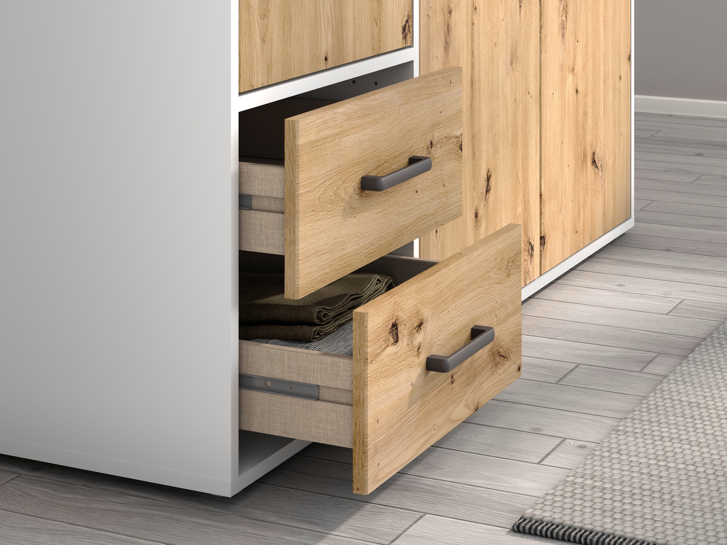 rauch Drehtürenschrank »Kleiderschrank Schrank Garderobe Wäscheschrank VOYAGER«, (in 3 verschiedenen Ausstattungen BASIC/CLASSIC/PREMIUM), mit modernen Griffen in Graumetallic, inkl. Schubkästen und Spiegel