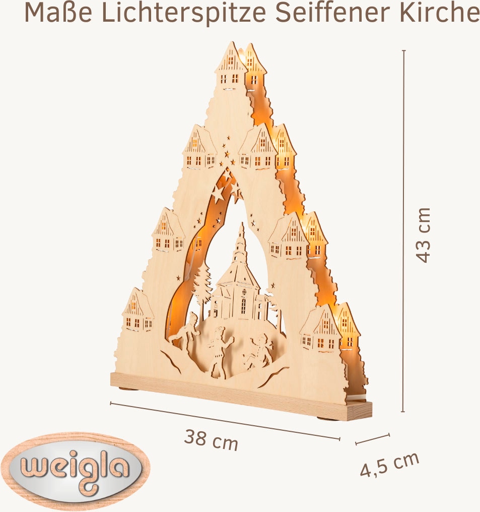 Weigla LED Schwibbogen »Seiffener Kirche, Lichterspitze aus Holz, NATUR, Made in Germany« 1 Stk. Erzgebirge garantiert, Weihnachtsdeko Innen, Weihnachtsbeleuchtung