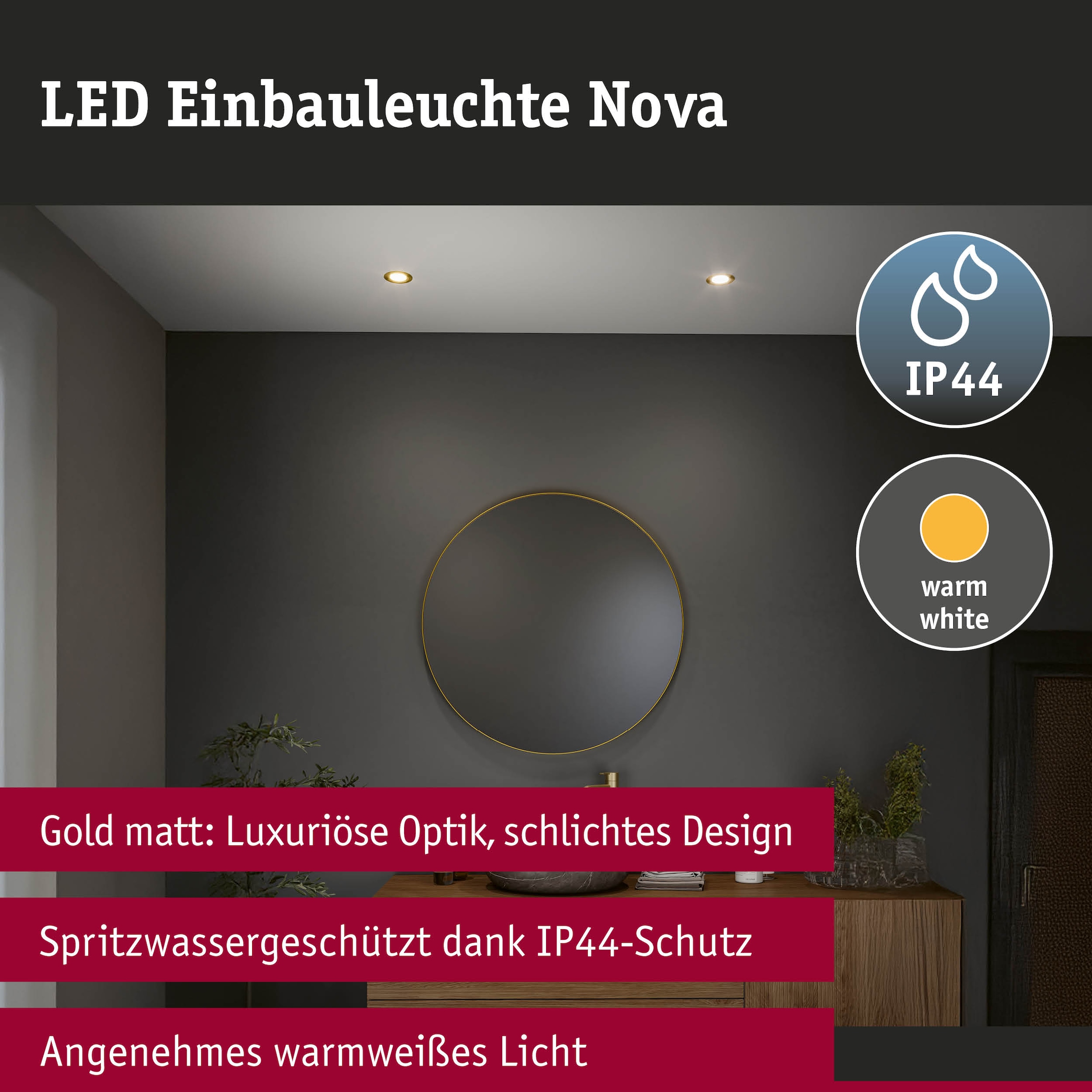 Paulmann LED Einbauleuchte »LED Einbauleuchte 3-Step-Dim Nova Coin IP44 rund 74mm Gold matt«, 3 flammig, Leuchtmittel LED-Modul | LED fest integriert, mehrere Helligkeitsstufen