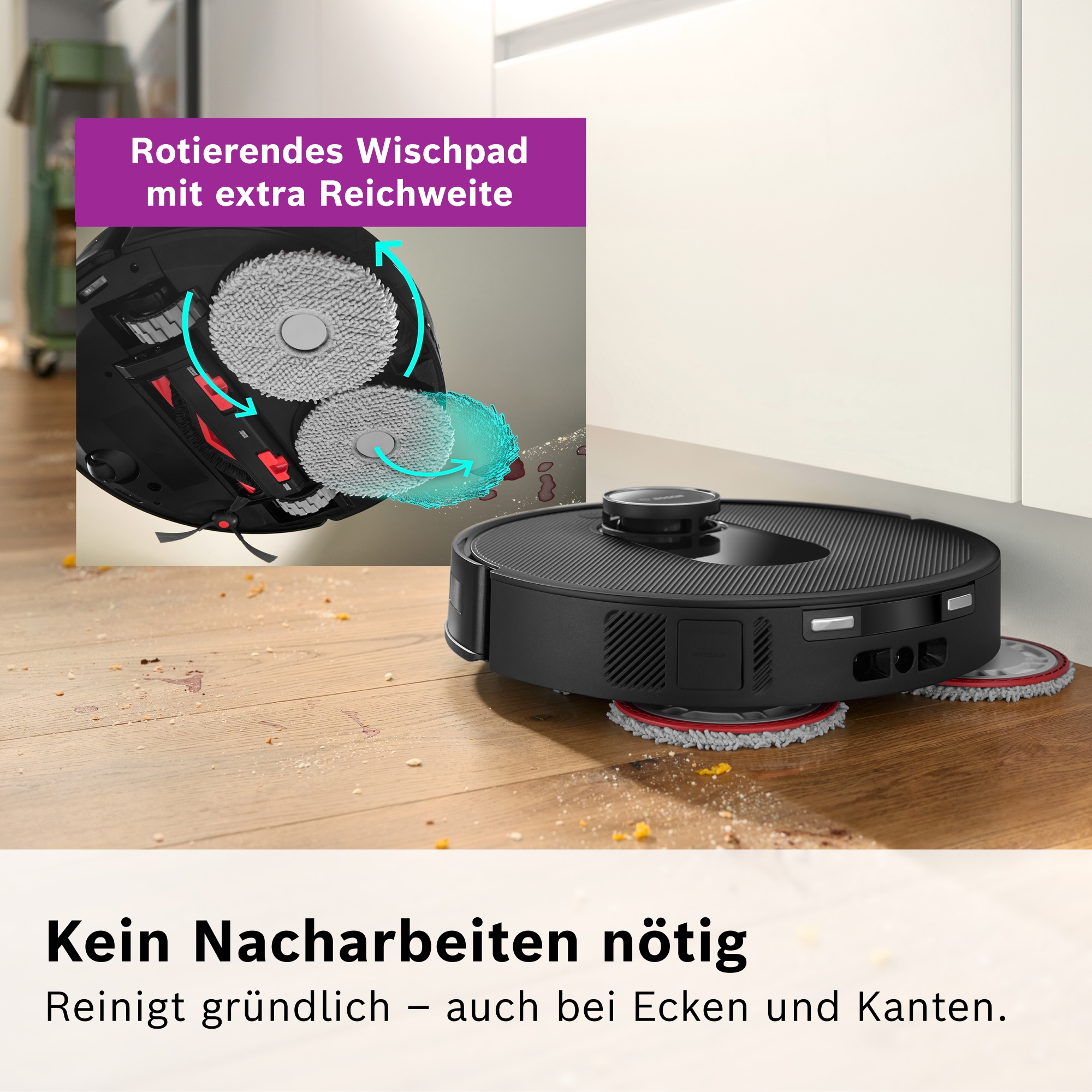 BOSCH Saugroboter »Spotless Max BCRDW3B, rotierende Wischpads, 70°C Selbstreinigung«, Datensicherheit, 11.000 Pa Saugkraft, Absaugstation, Carbon Bürste