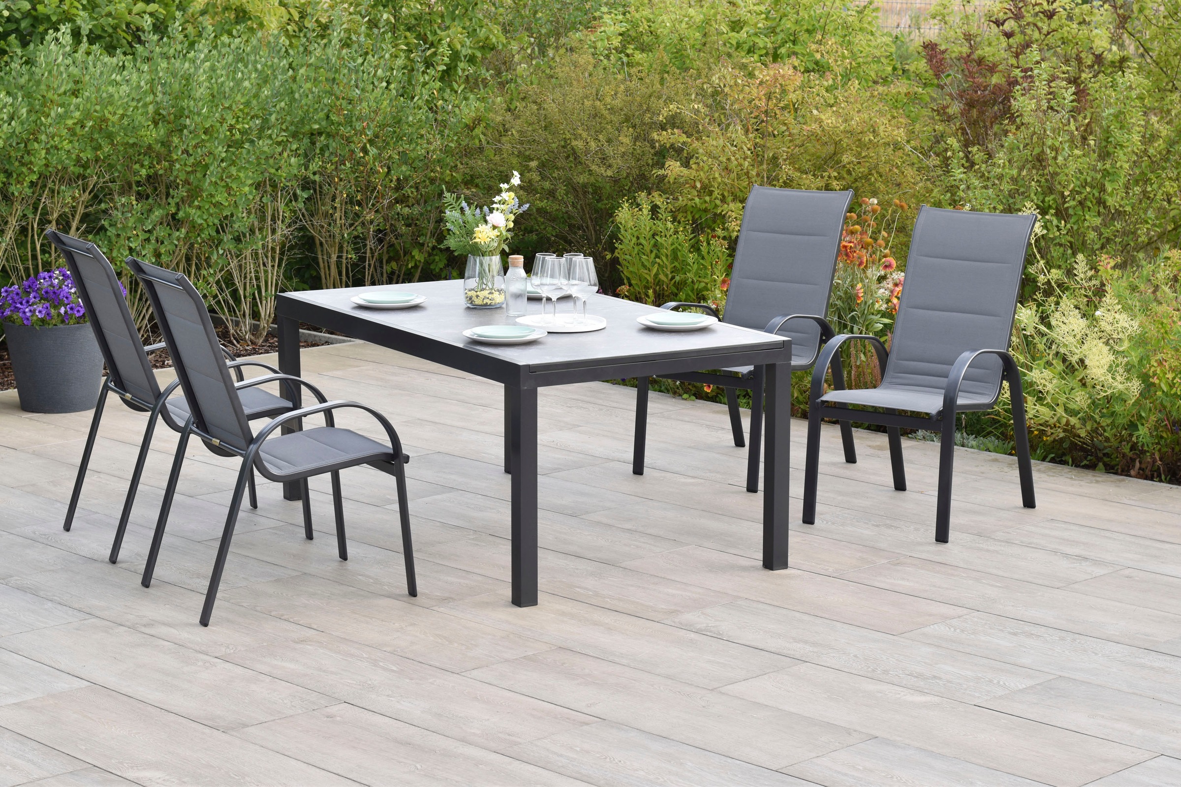 MERXX Garten-Essgruppe »»Amalfi««, (Set, 5 tlg.), Stapelsessel mit hoher Rückenlehne und Polsterung