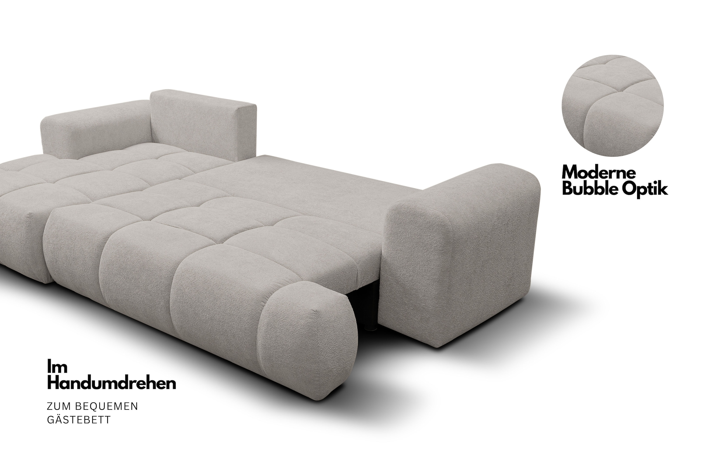 WERK2 Ecksofa »Ewela-Bubble mit Bett & Bettkasten, bequem, Breite 265cm« Bouclé, L-Form, Schlaffunktion, Bettkasten