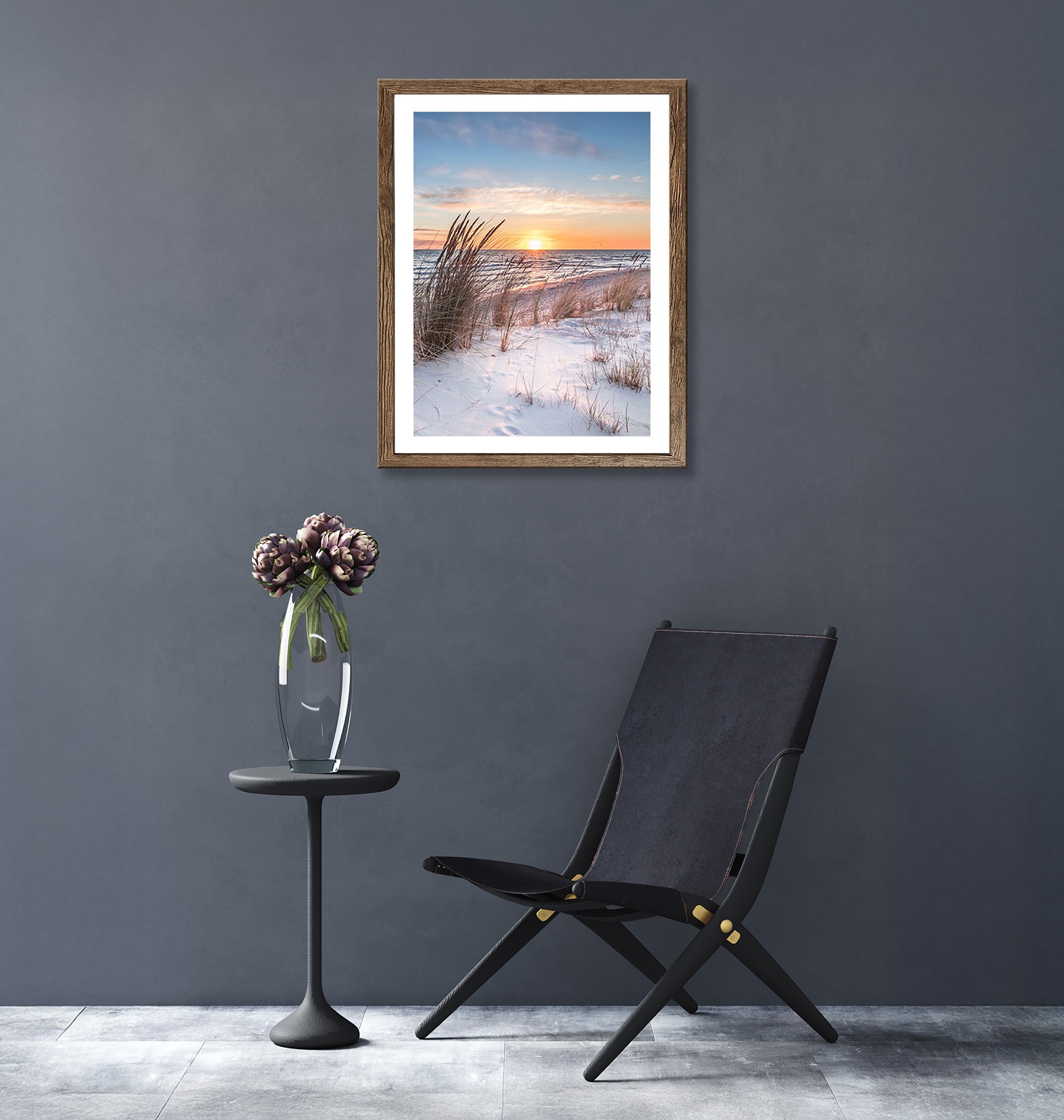 Bönninghoff Bild mit Rahmen »Wandbild gerahmt STRAND BEI SONNENAUFGANG 40x50 cm – Natur Wanddeko« Düne | Gräser | Küste | Landschaft | Meer | Natur | Sonnenaufgang & -untergang | Strand 1 Stk. tlg. mit dekorativem Rahmen