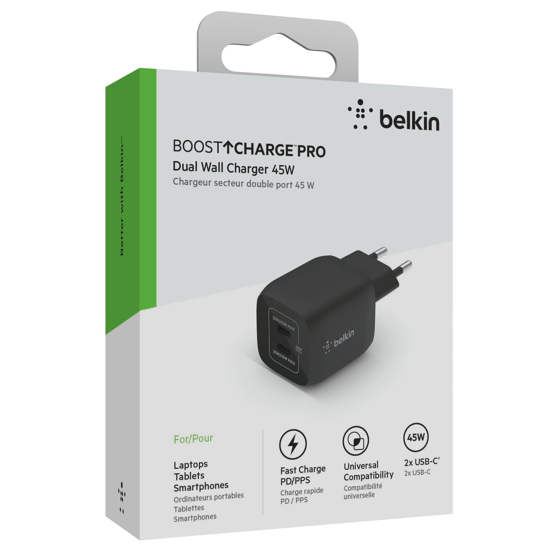 Belkin USB-Ladegerät »BoostCharge Pro 45 Watt Dual USB-C GaN Charger«, Ladegerät mit 2x USB-C Anschlüssen (Laptops, Tablets, Smartphones)