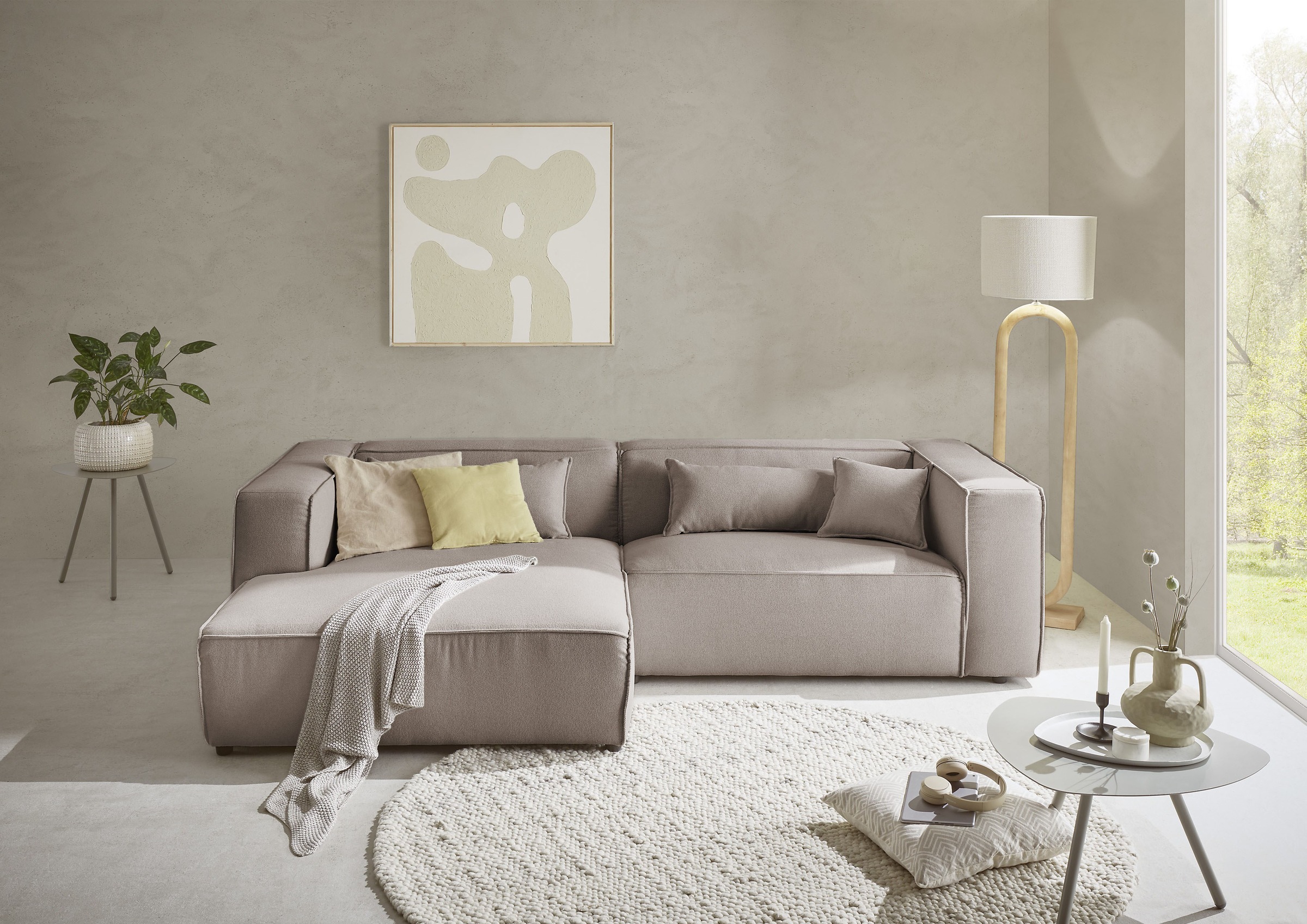 LeGer Home by Lena Gercke Ecksofa »PIARA mit Kedernaht in Cord oder Leinenoptik, moderne Couch in L-Form«, wahlweise Ottomane rechts/links, schwarze Füße, bequemer Sitzkomfort