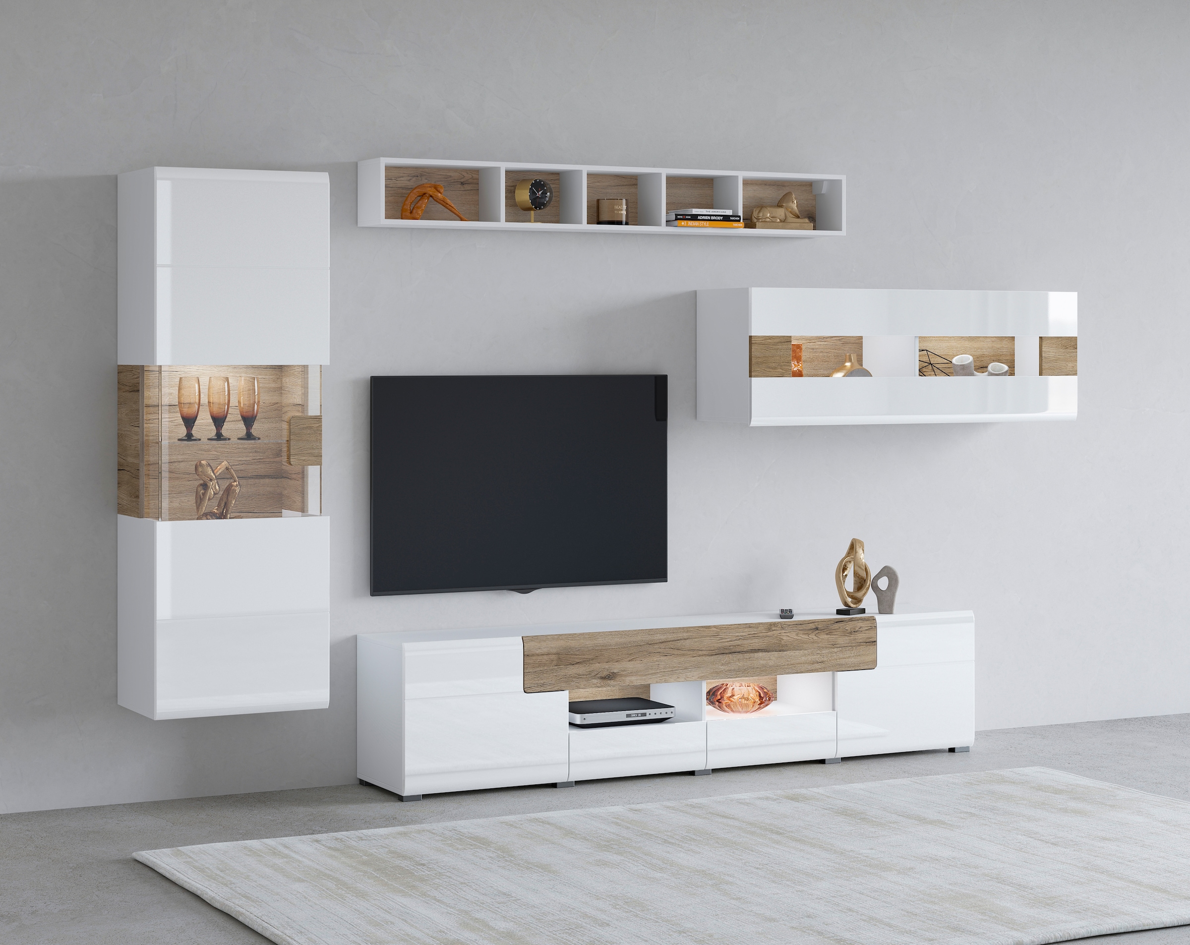 INOSIGN Wohnwand »Toledo,Set,4-St, stilvolle Mediawand ohne Beleuchtung«, (Set, 4 St.), Anbauwand (2xHängevitrine,Lowboard,Hängeregal)MDF Hochglanzfronten