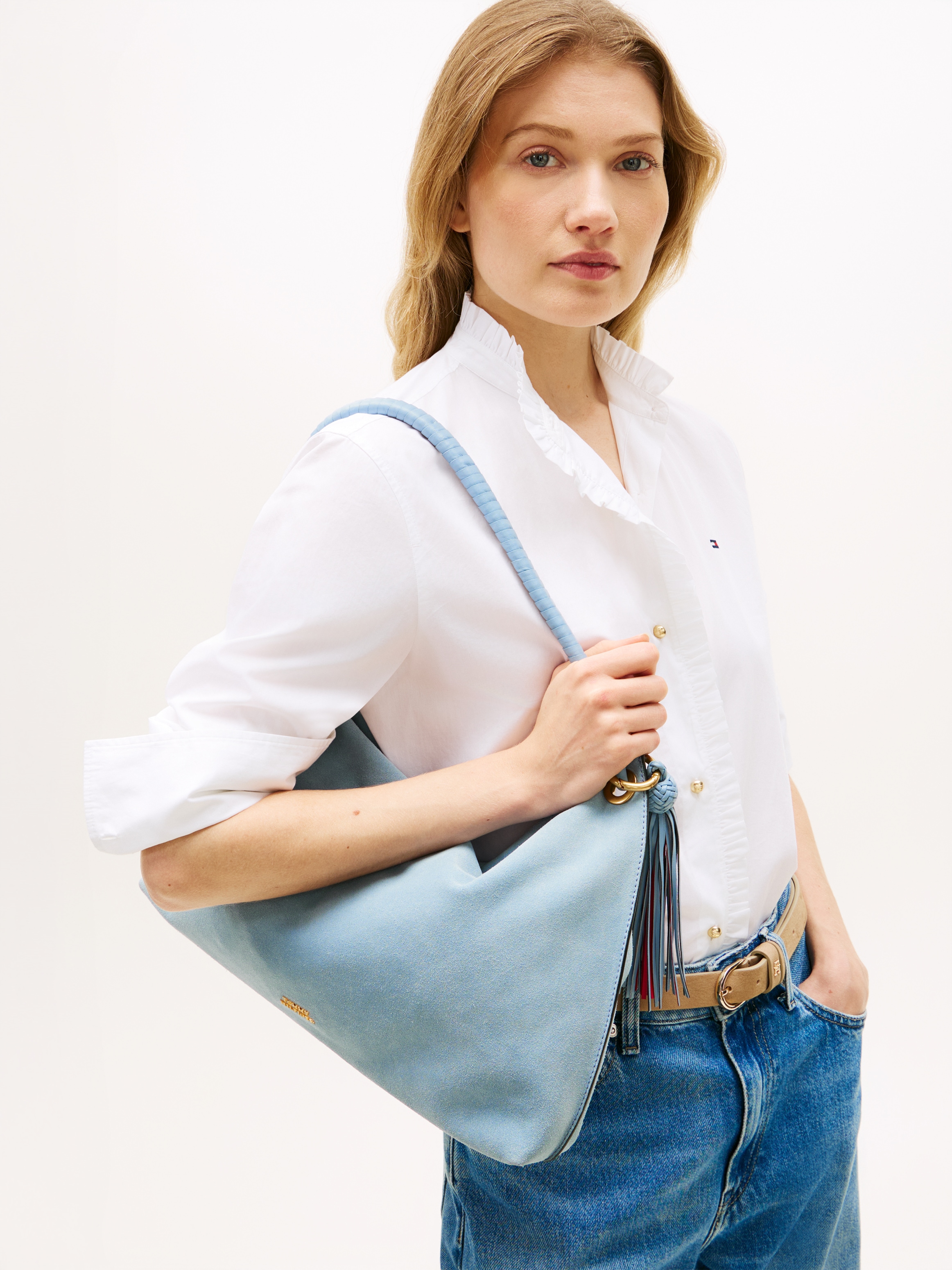 Tommy Hilfiger Schultertasche »TH STATEMENT LEATHER BAG SUEDE« Damen Tragetasche, Handtasche mit modischen Quasten