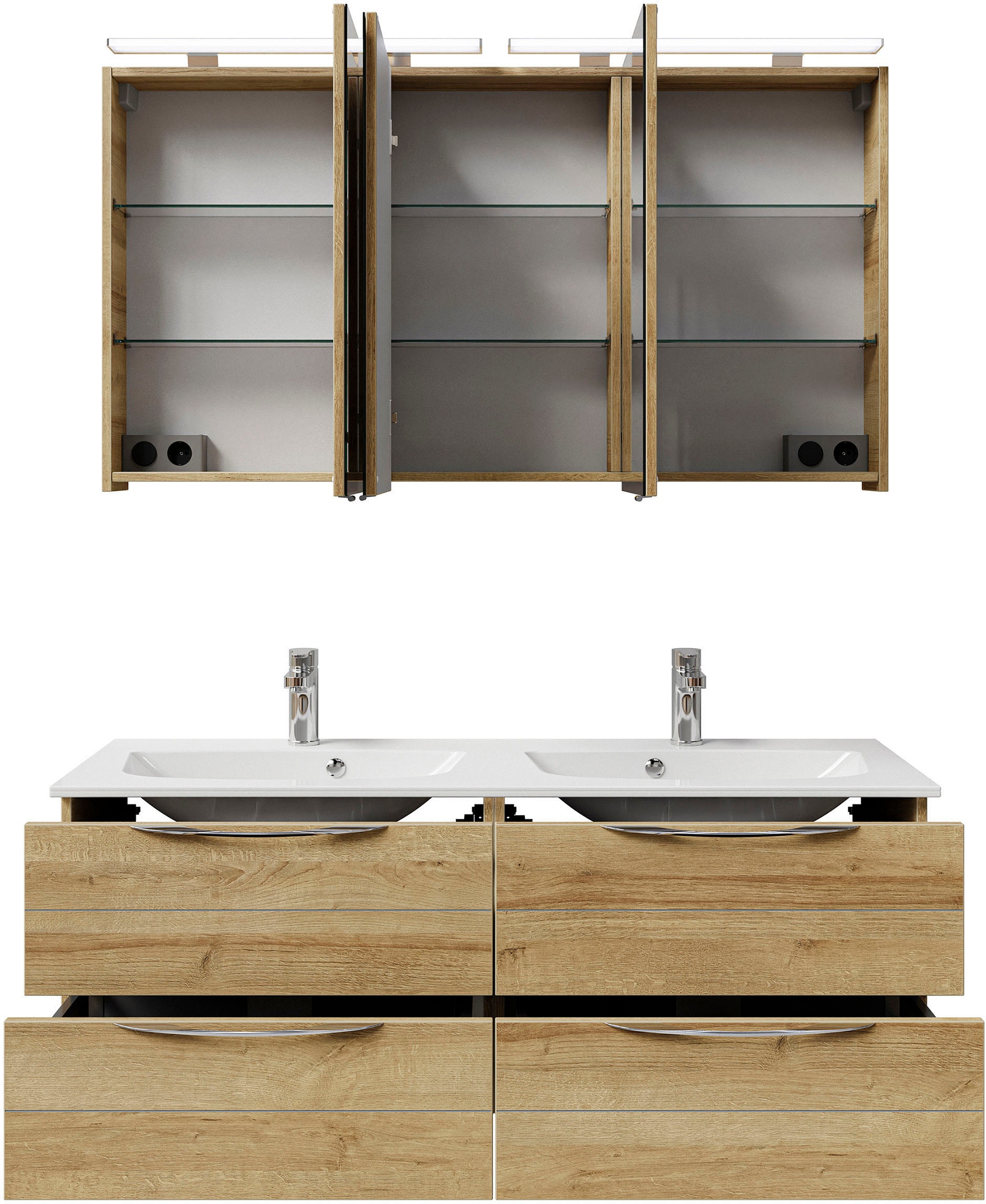 Saphir Badmöbel-Set »Serie 6025 2-teilig Mineralmarmor-Waschtisch mit LED-Spiegelschrank«, (2 St.), Waschplatz 132cm breit, 4 Schubladen, 2 Spiegel-Türen, inkl Türdämpfer