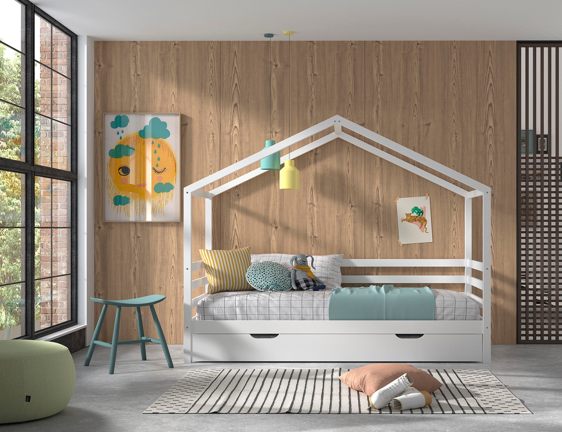 Vipack Hausbett »aus massiver Kiefer, weiß lackiert, stabil gebaut«, 90/200 inkl. Rolllattenrost, Umrandung, Bettschublade u. Dachaufbau