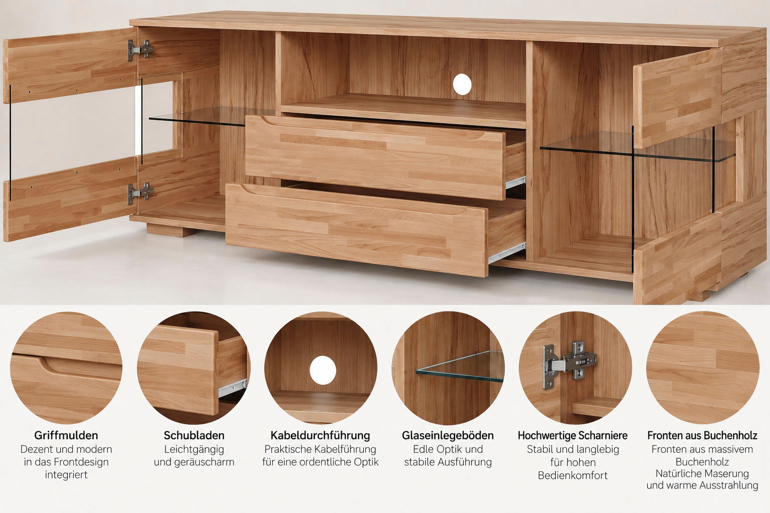 OTTO home Sideboard »VETRO Teilmassiv, Fronten Massivholz, Wohnzimmer, Stauraum,Griffmulde« B/T/H:180/40/63cm, 2Schubladen, 4 geschlossene & 2 offene Fächer