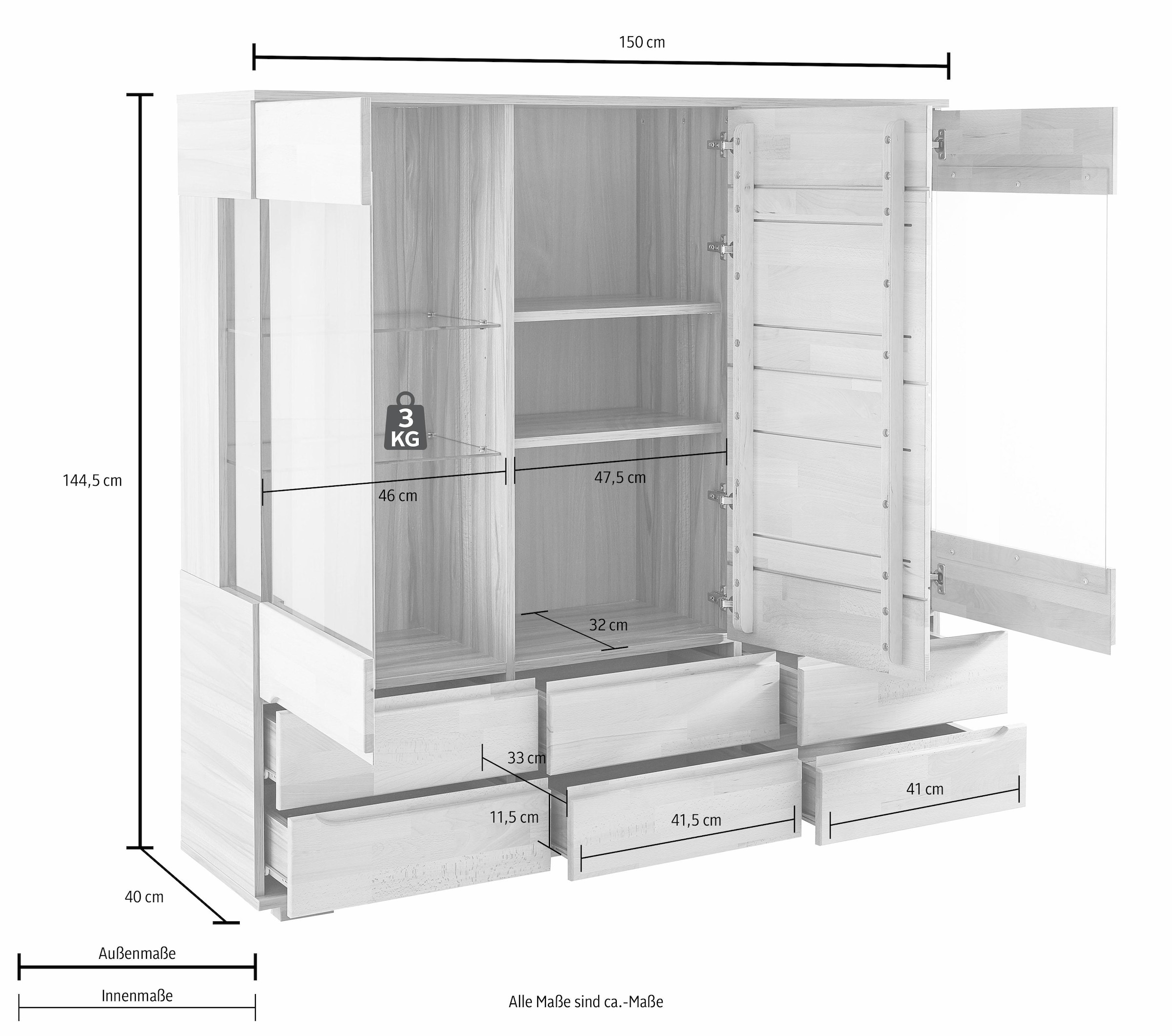 Home affaire Highboard »Vetro,150cm breit,40 cm tief,Fronten Massivholz,9 Fächer«, Kernbuche massiv, Holzwerkstoff, 3Türen,6 Schubladen, Griffmulden