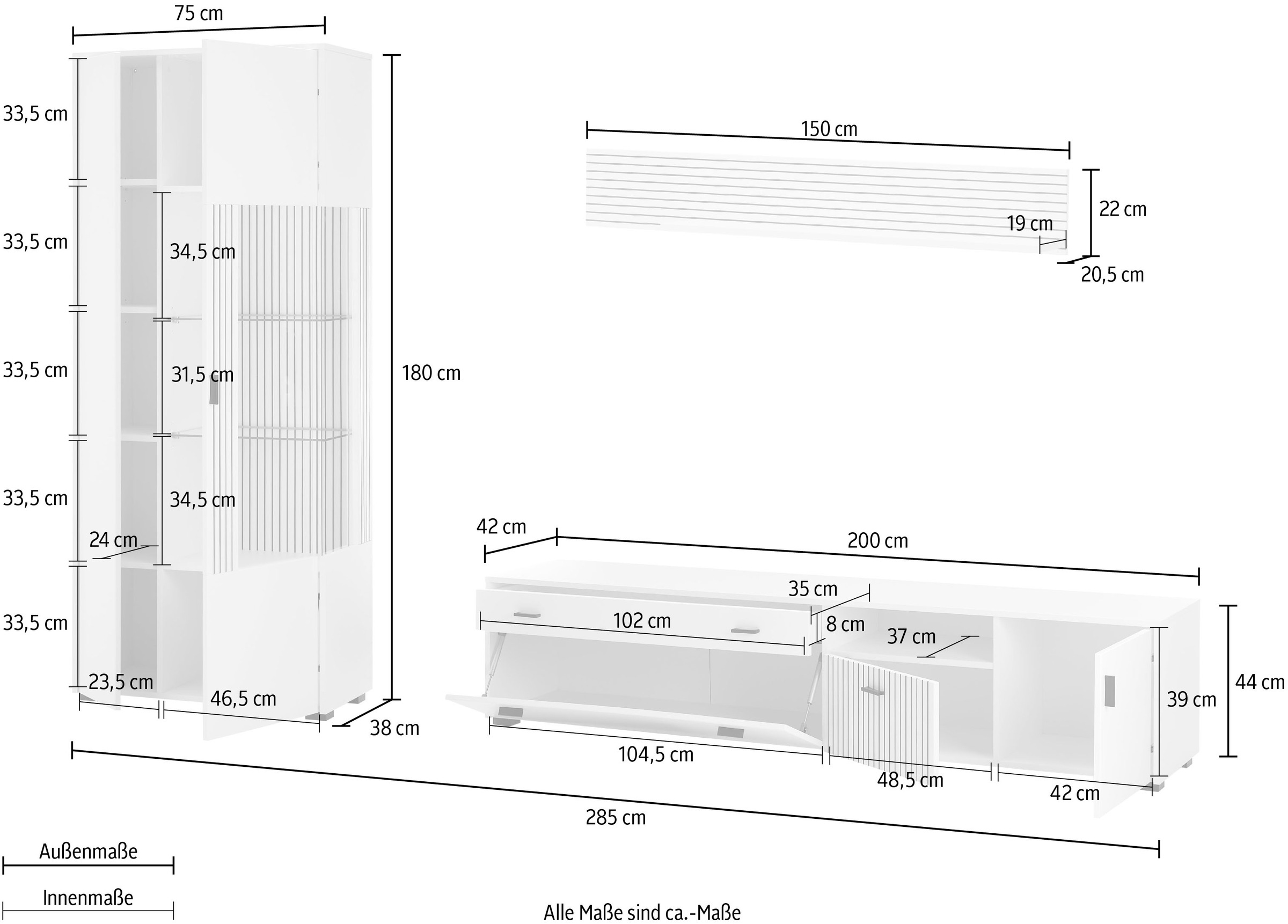 INOSIGN Wohnwand »HUDSON«, (Set, 3 St.), mit moderner Rillenoptik, Griffe aus Metall (Schwarz), Breite 285 cm