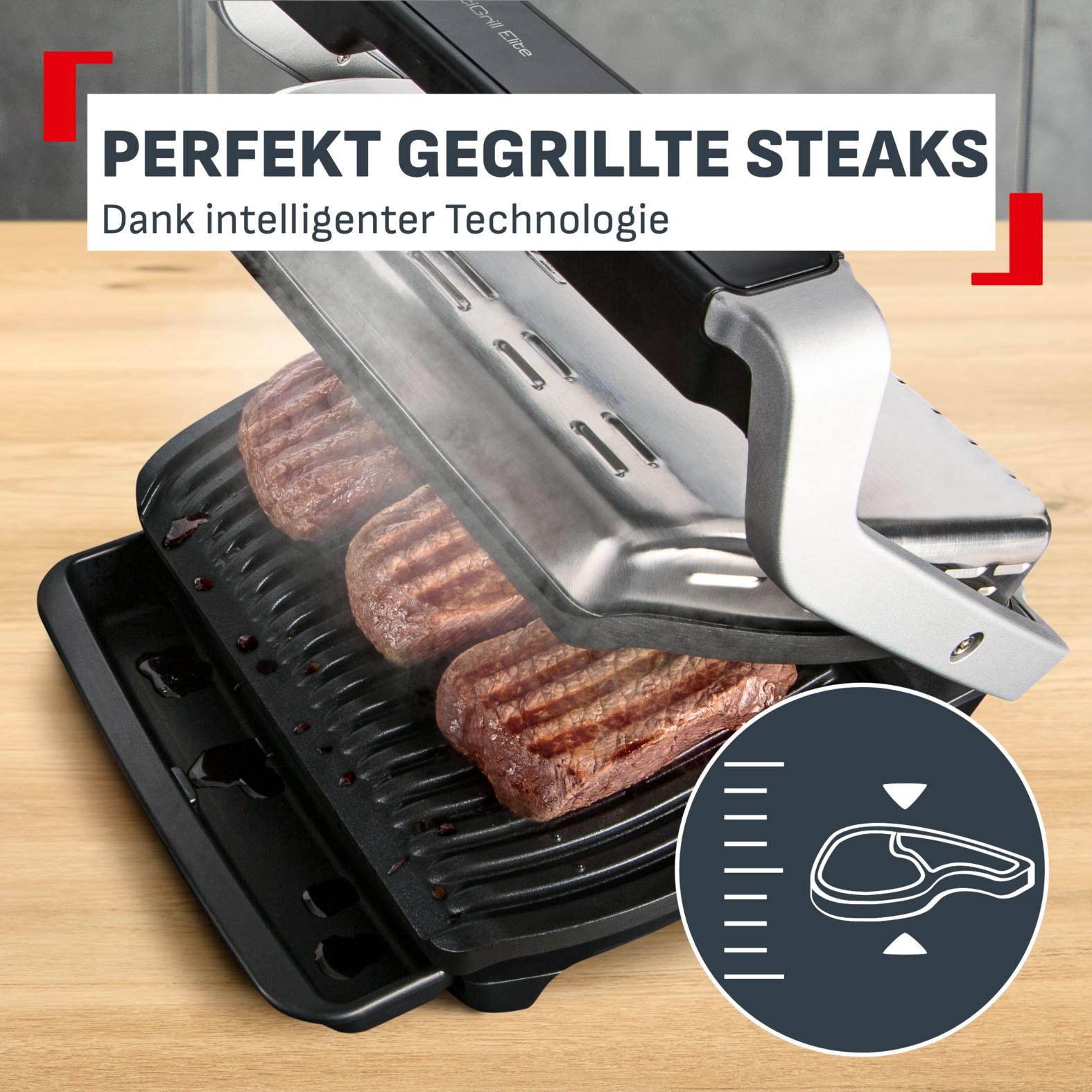 Tefal Kontaktgrill »OptiGrill Elite XL, spülmaschinengeeignete Platten« 2200 W Countdown zum Grillergebnis, Grillboost für Grillstreifen, GC760D