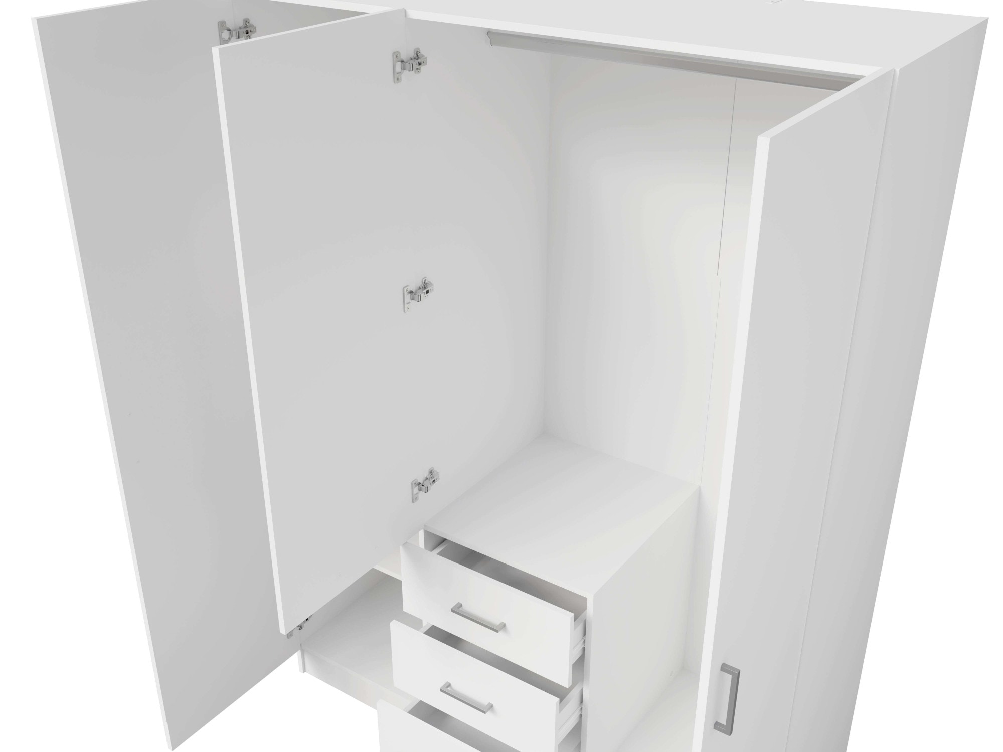 Home affaire Kleiderschrank »KOS Garderobe mit 3 Schubladen, Kleiderstange, 4 Einlegeböden, Spiegel«, Wäscheschrank mit 3 Drehtüren, silber Griffen, Maße B/H/T 150/200/58cm