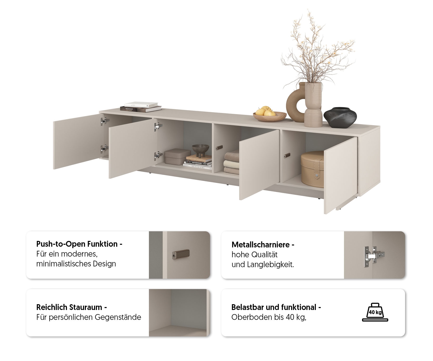 OTTO home Lowboard »Tatami, Modernes griffloses TV-Board, Breit 220,50cm, TV-Schrank« TV-Schrank, TV-Board mit viel Stauraum, push-to-open-Funktion