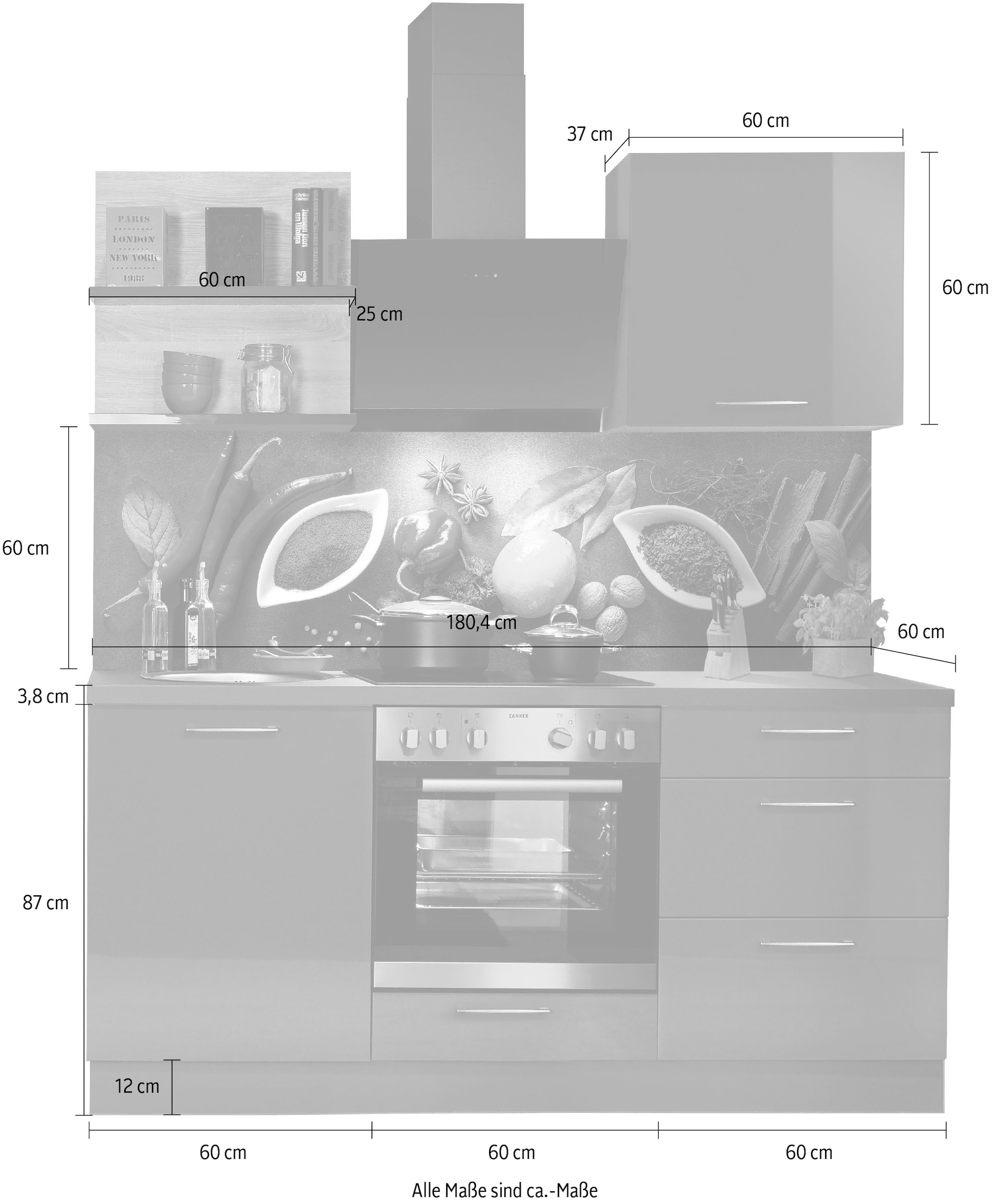 KOCHSTATION Küchenzeile »"KS-Jena", Breite 180 cm, vormontiert«, mit Soft-Close-Funktion, Arbeitshöhe 91 cm, wahlw. mit E-Geräten