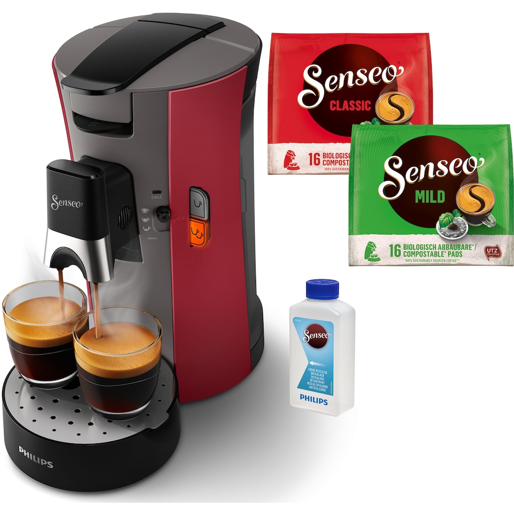 Philips Senseo Kaffeepadmaschine »Select CSA240/90«, aus 21% recyceltem Plastik und mit 3 Kaffeespezialitäten, dunkelrot