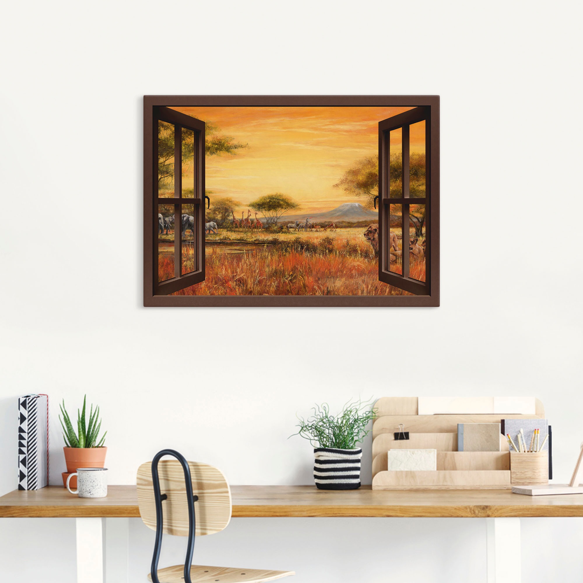 Artland Wandbild »Fensterblick Afrikanische Steppe Löwen« Fensterblick 1 St günstig online kaufen