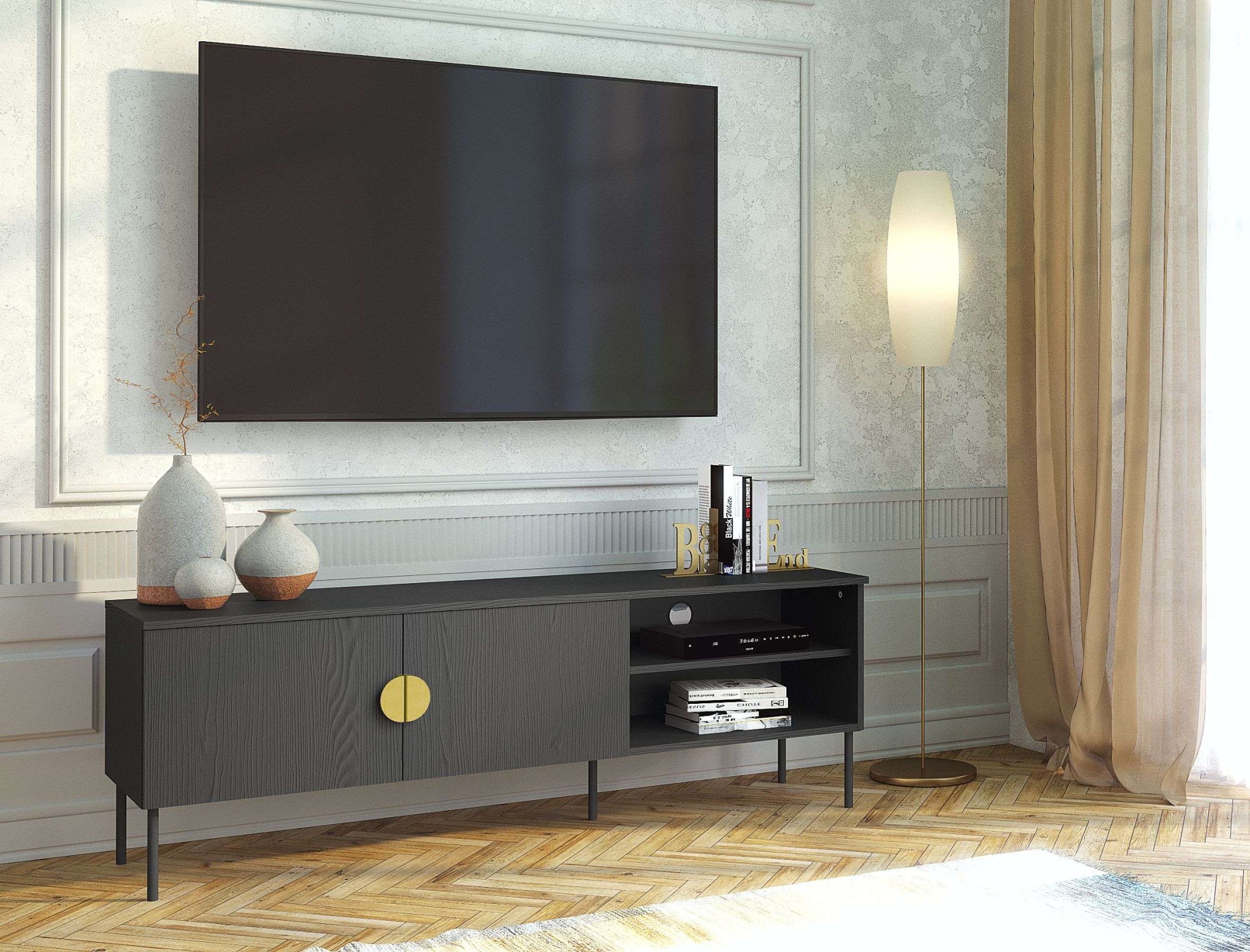 Leonique Lowboard »BELLOT TV-Schrank mit 2 Türen, Maße B/T/H: 160/40/53,6 cm«, (1 St.), schwarze Farbe, mit holzähnlicher Struktur