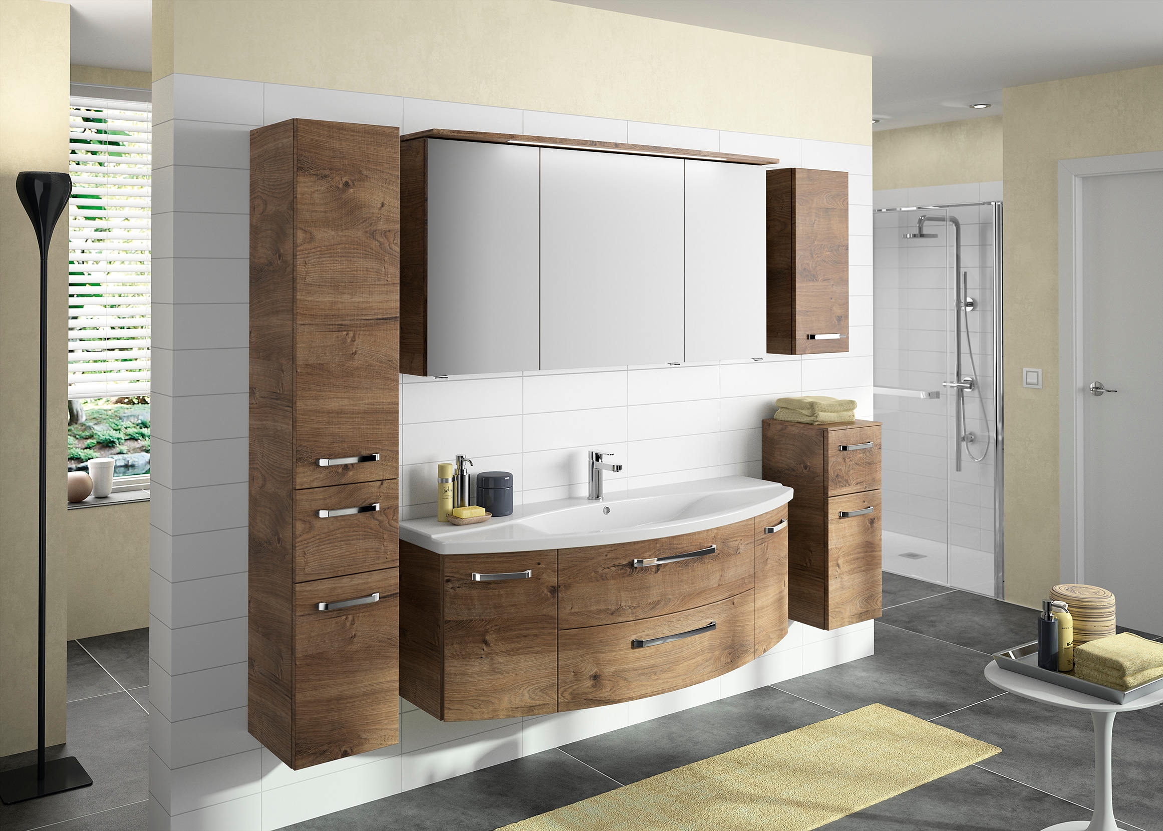Saphir Badezimmerspiegelschrank »Serie 4010 Badezimmer-Spiegelschrank inkl. LED-Beleuchtung im Kranz«, Badschrank 142 cm breit, 3 Türen, 6 Glas-Einlegeböden, inkl Türdämpfer