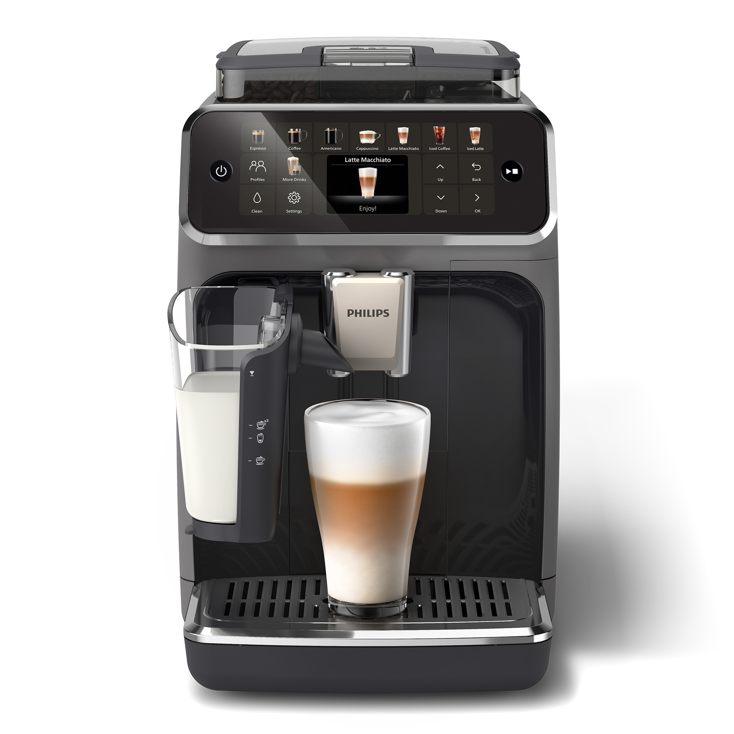 Philips Kaffeevollautomat »EP5544/50 5500 Series, 20 Kaffeespezialitäten (heiß oder eisgekühlt),«, LatteGo-Milchsystem, SilentBrew Technologie, Schwarz/Grau